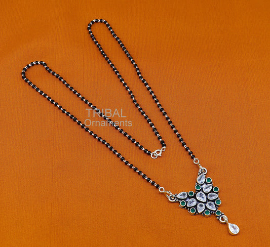 Delicate 925 sterling silver black beads chain necklace, gorgeous flower design pendant, traditional style brides mangalsutra necklace ms19 - TRIBAL ORNAMENTS