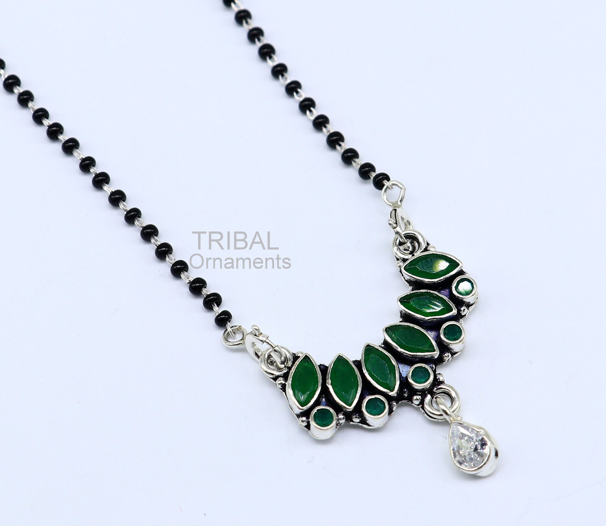 925 sterling silver black beads mangal sutra chain necklace for daily use brides Mangalsutra chunky necklace green cut stone pendant ms26 - TRIBAL ORNAMENTS