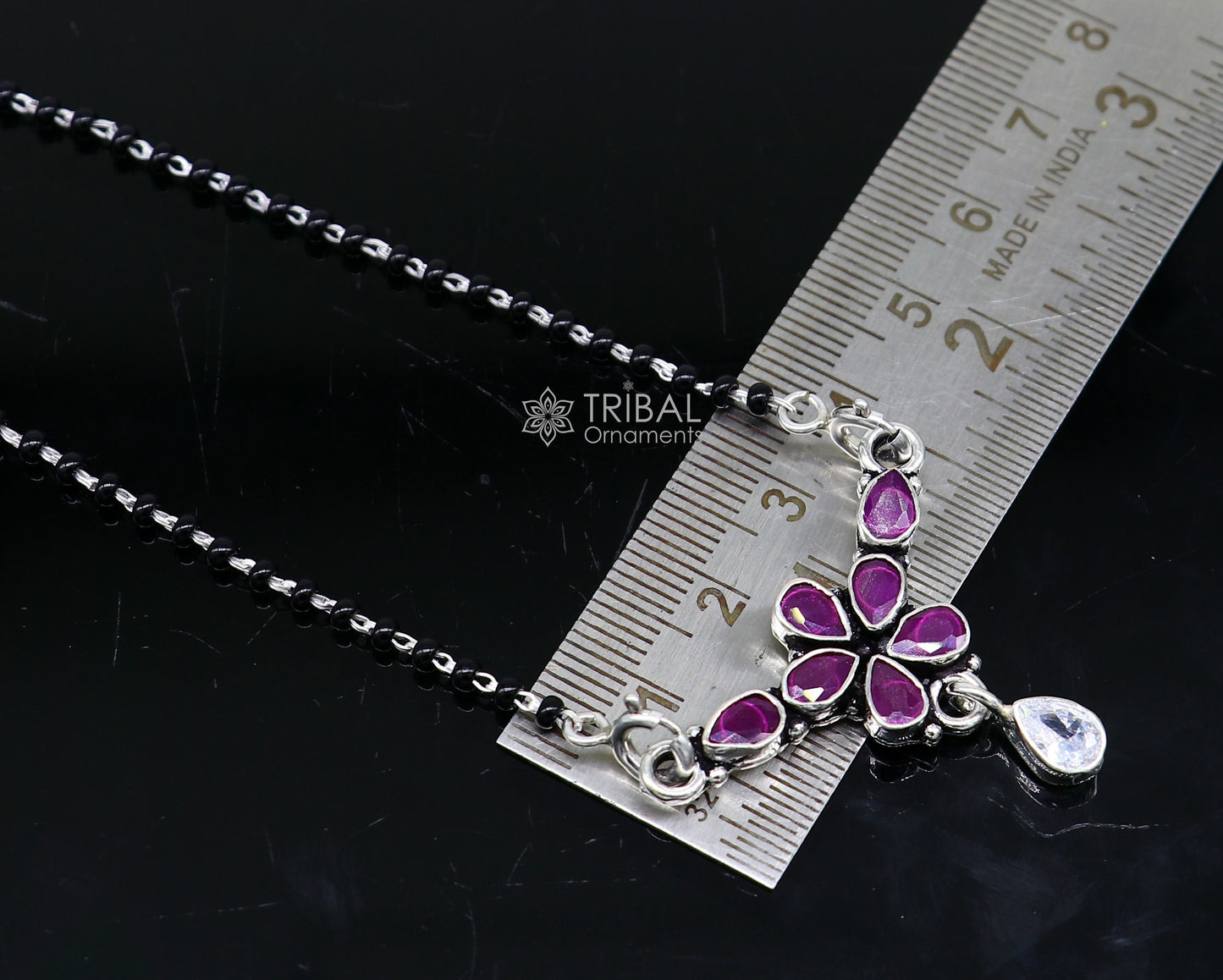 2.2mm small black beaded 925 sterling silver color cut stone mangalsutra flower shape pendant, best women's girl's gifting jewelry ms33 - TRIBAL ORNAMENTS