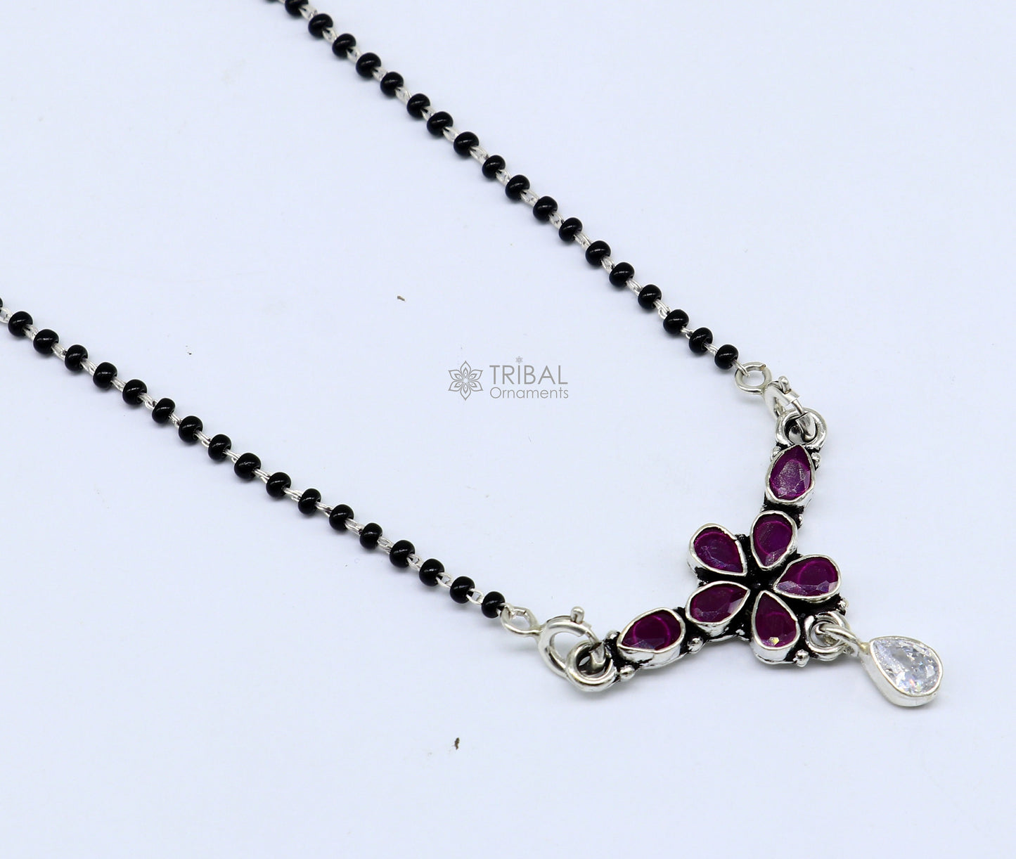 2.2mm small black beaded 925 sterling silver color cut stone mangalsutra flower shape pendant, best women's girl's gifting jewelry ms33 - TRIBAL ORNAMENTS
