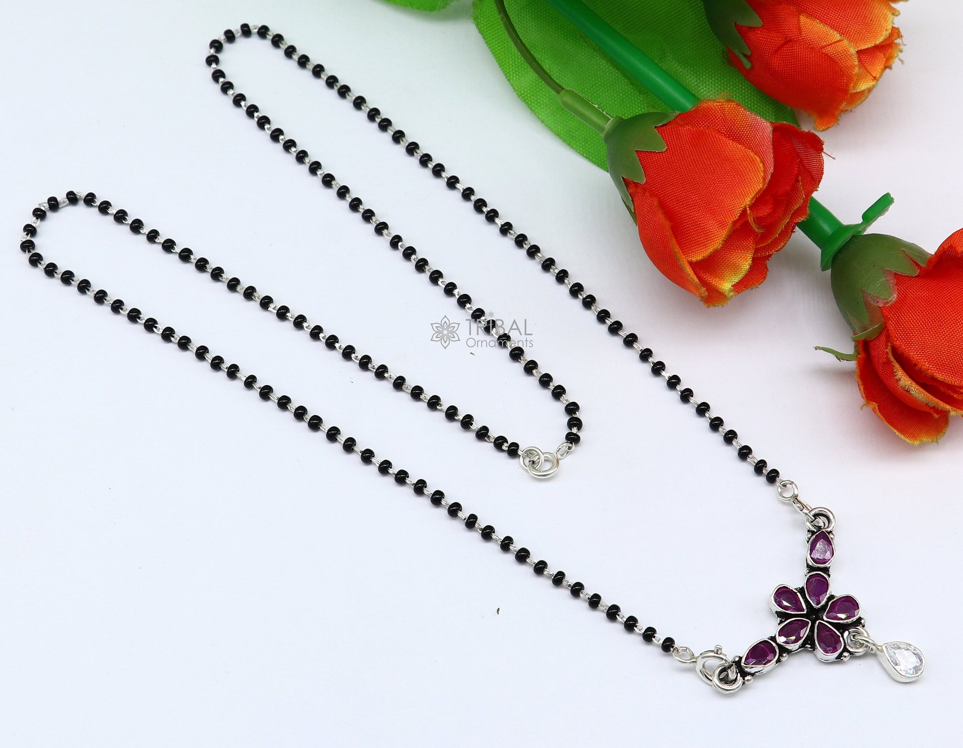 2.2mm small black beaded 925 sterling silver color cut stone mangalsutra flower shape pendant, best women's girl's gifting jewelry ms33 - TRIBAL ORNAMENTS