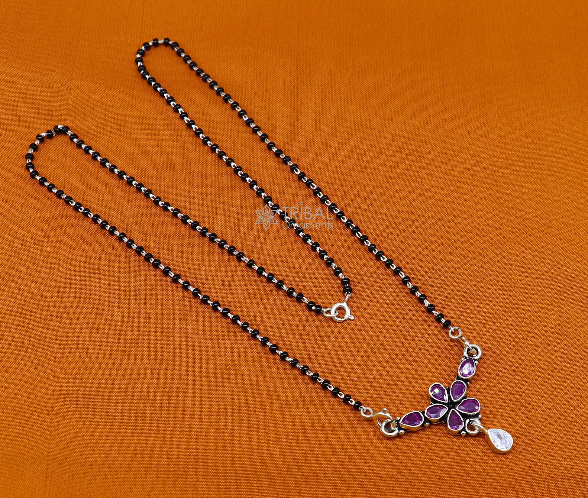 2.2mm small black beaded 925 sterling silver color cut stone mangalsutra flower shape pendant, best women's girl's gifting jewelry ms33 - TRIBAL ORNAMENTS