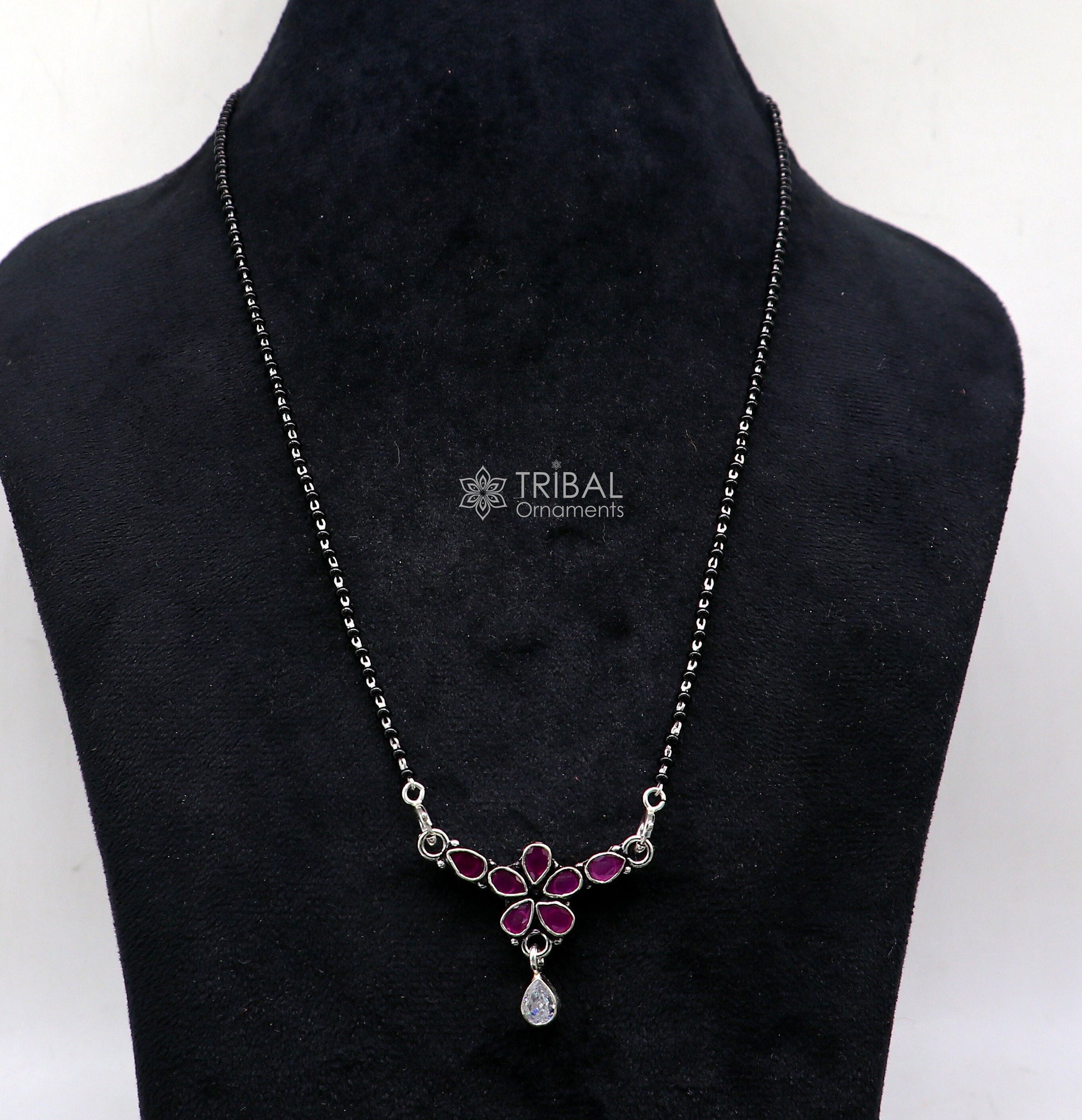 2.2mm small black beaded 925 sterling silver color cut stone mangalsutra flower shape pendant, best women's girl's gifting jewelry ms33 - TRIBAL ORNAMENTS
