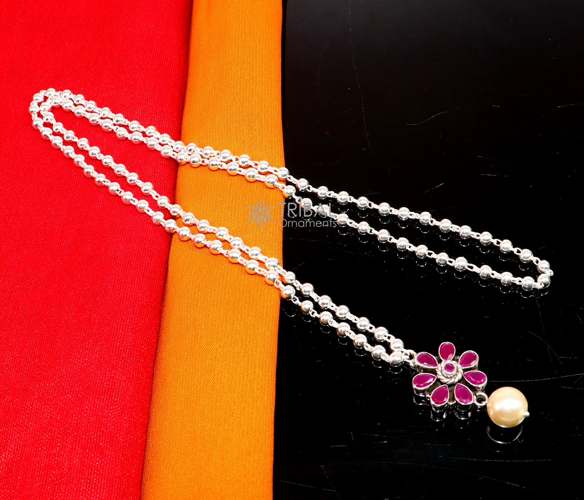 Traditional cultural trendy 925 sterling silver plain beads ball chain necklace with flower design pendant and hanging pearl jewelry set577 - TRIBAL ORNAMENTS