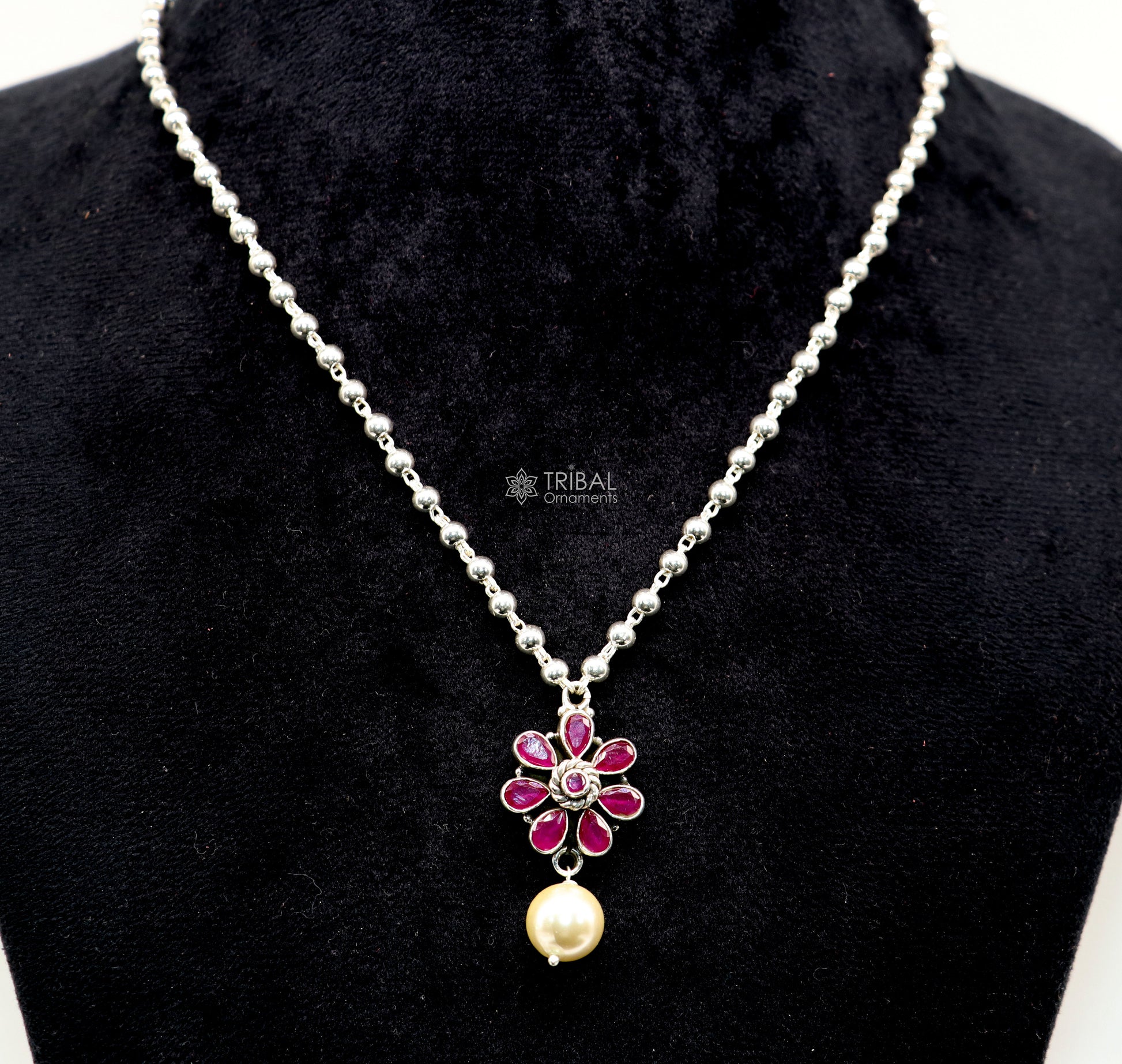 Traditional cultural trendy 925 sterling silver plain beads ball chain necklace with flower design pendant and hanging pearl jewelry set577 - TRIBAL ORNAMENTS