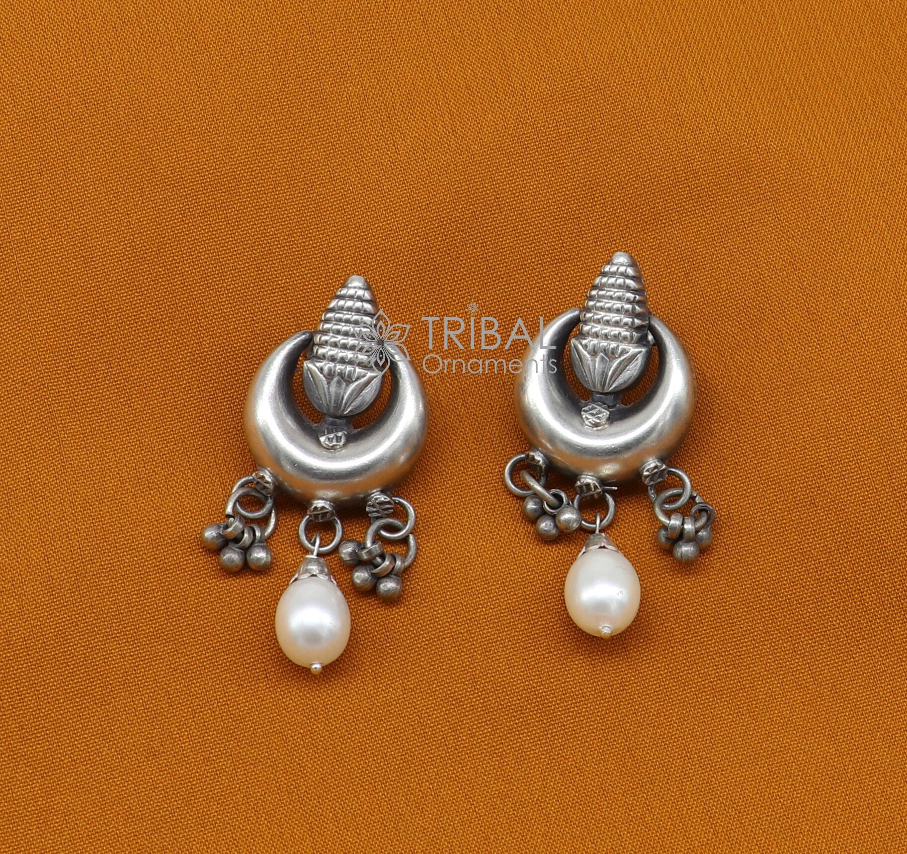 Traditional cultural trendy 925 sterling silver fabulous half moon style stud earrings with hanging pearl stud earring jewelry s1153 - TRIBAL ORNAMENTS
