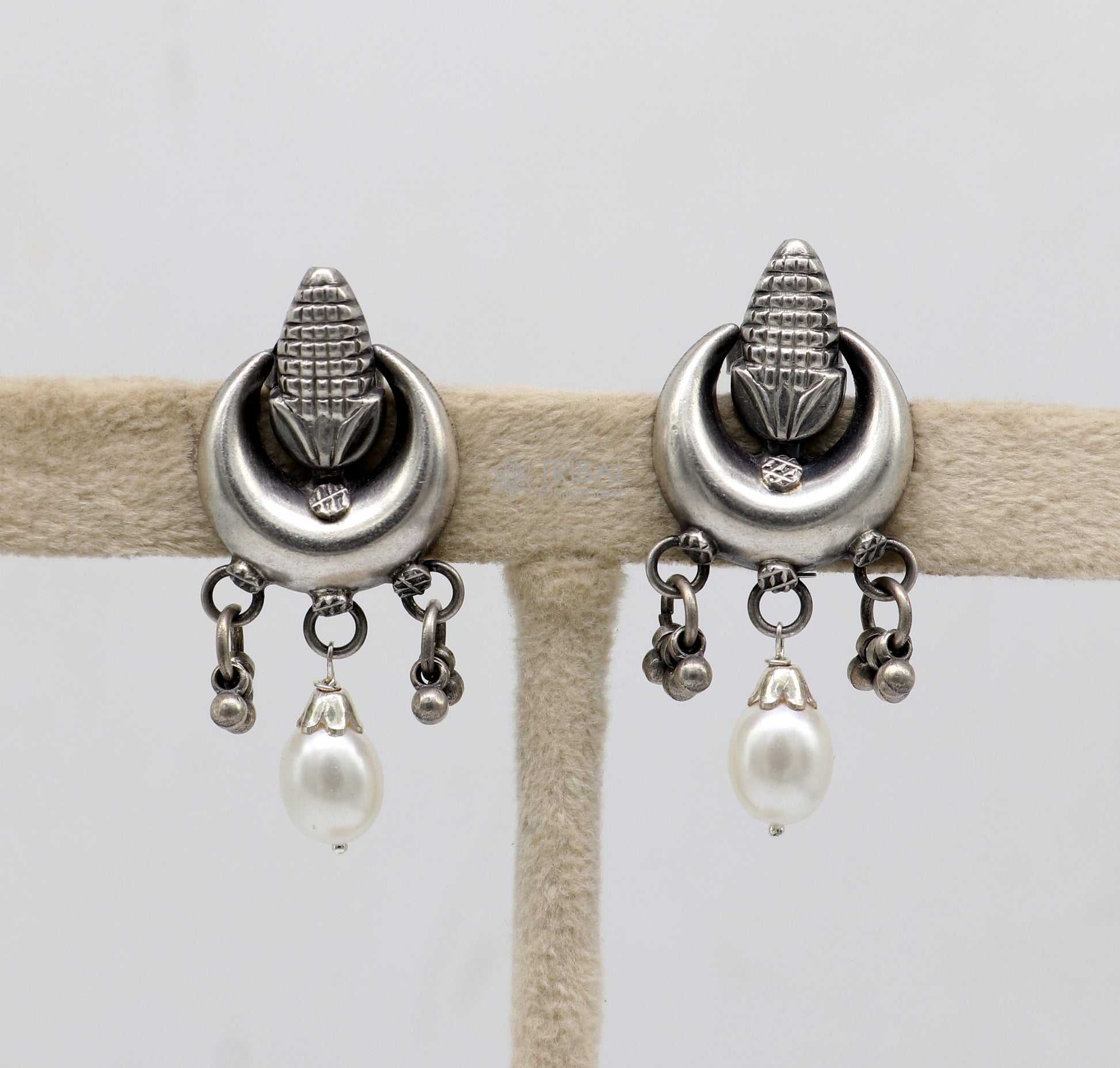 Traditional cultural trendy 925 sterling silver fabulous half moon style stud earrings with hanging pearl stud earring jewelry s1153 - TRIBAL ORNAMENTS