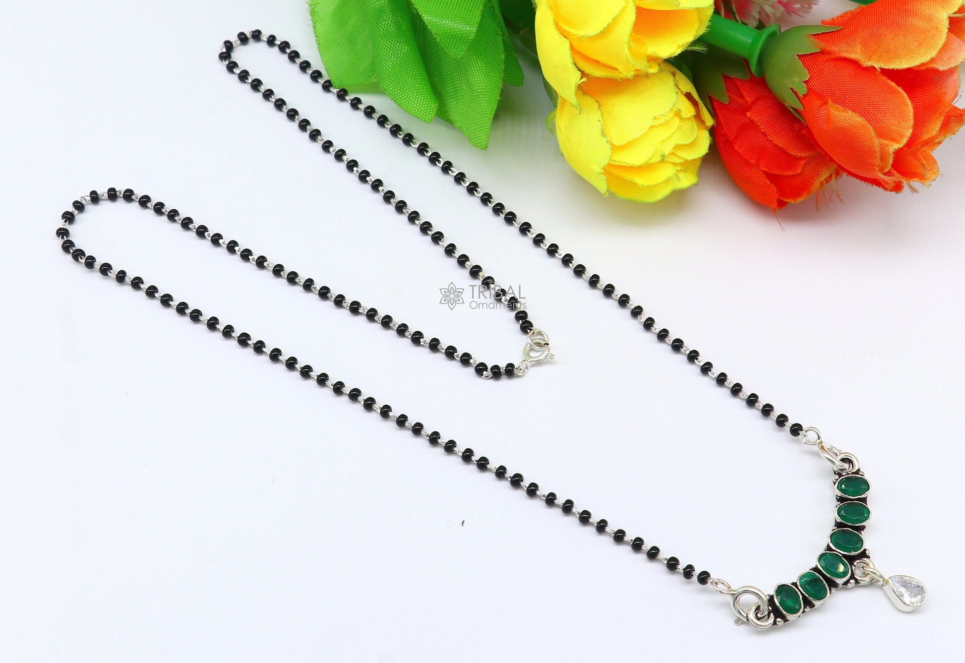 925 sterling silver black beads mangalsutra chain necklace gorgeous Waved design cut stone pendant, traditional style brides necklace ms36 - TRIBAL ORNAMENTS