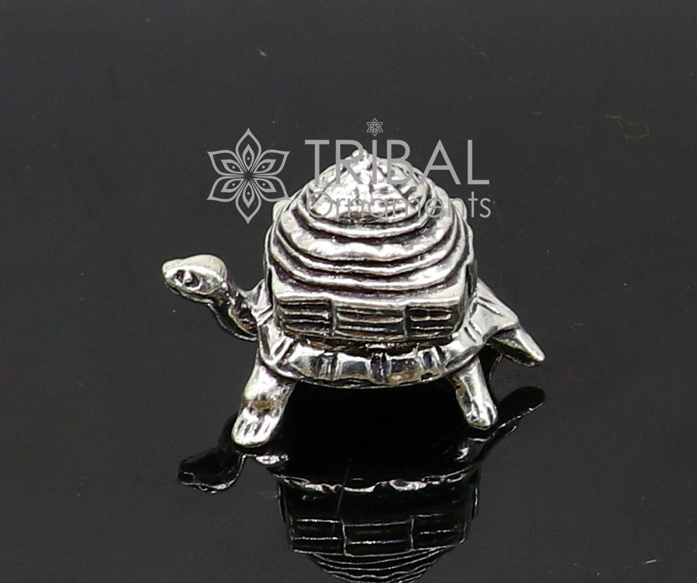 925 silver vintage design small tortoise statue sculpture with shree yantram pyramid  best puja article collection silver figurine art612 - TRIBAL ORNAMENTS