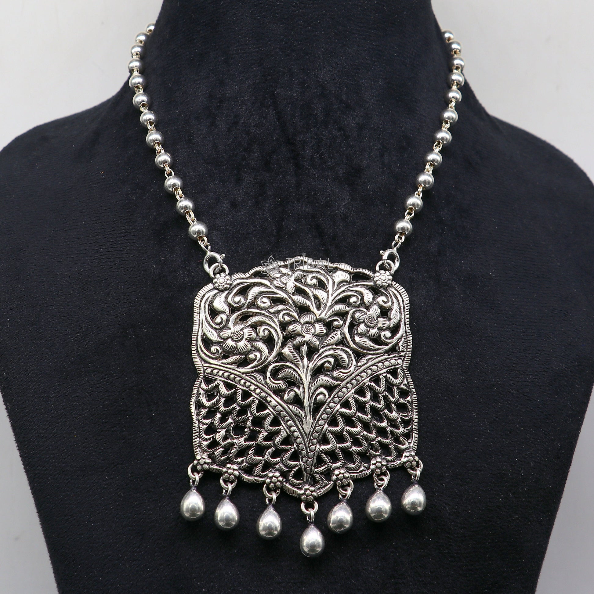 Modern trendy style handmade cultural 925 sterling silver chitai work pendant with 5mm silver beaded necklace best for all outfit set572 - TRIBAL ORNAMENTS