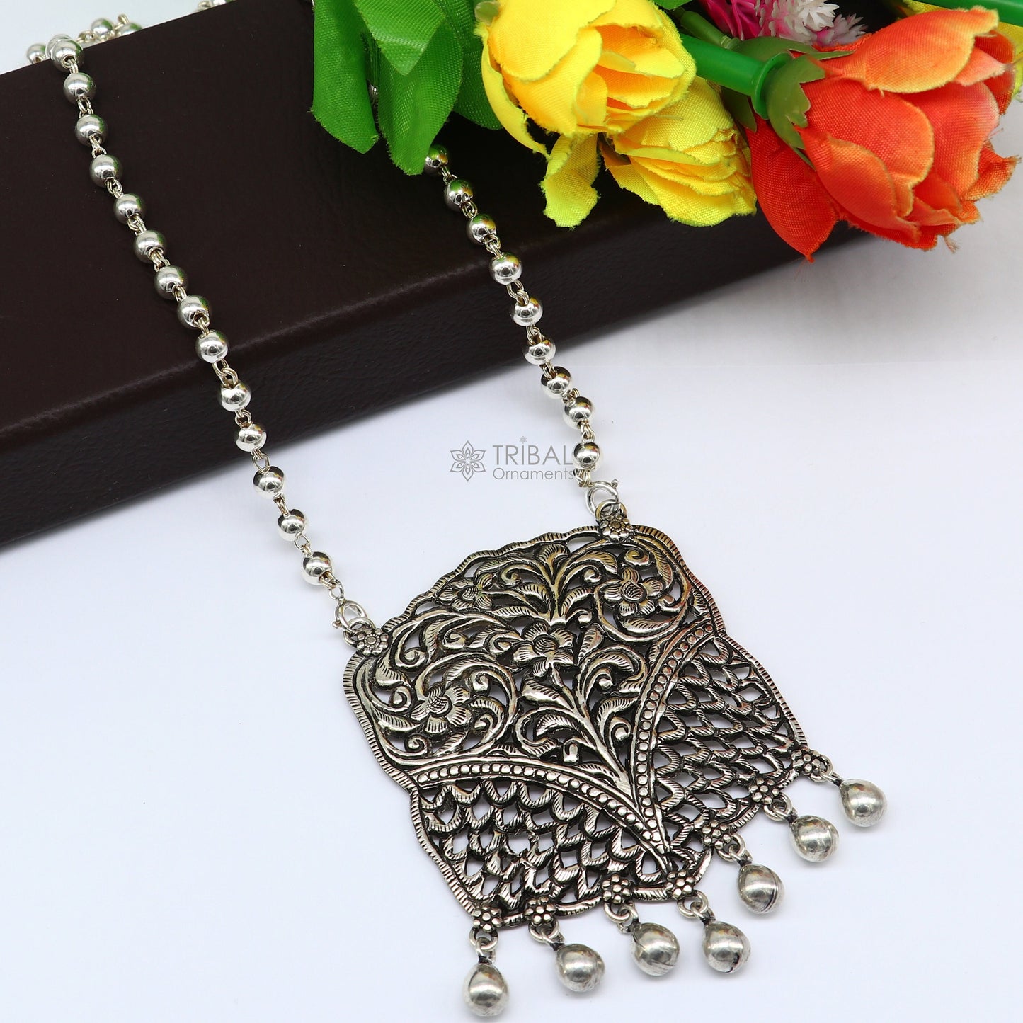 Modern trendy style handmade cultural 925 sterling silver chitai work pendant with 5mm silver beaded necklace best for all outfit set572 - TRIBAL ORNAMENTS