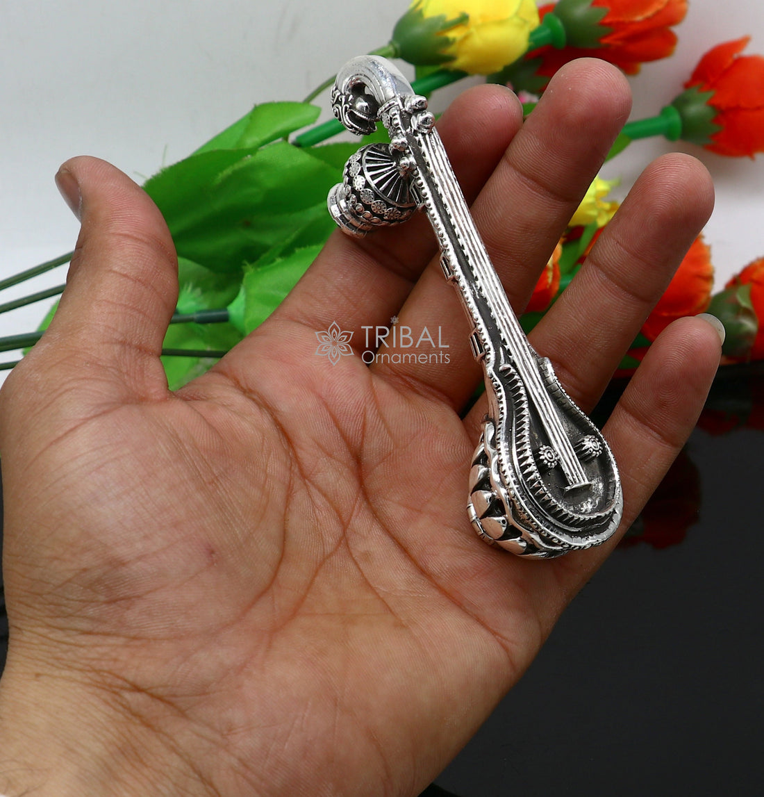 4.5" Maa Saraswati Veena, 925 sterling silver musical instrument Veena for Goddess Sharda, best gifting puja article for Hindu temple art622 - TRIBAL ORNAMENTS