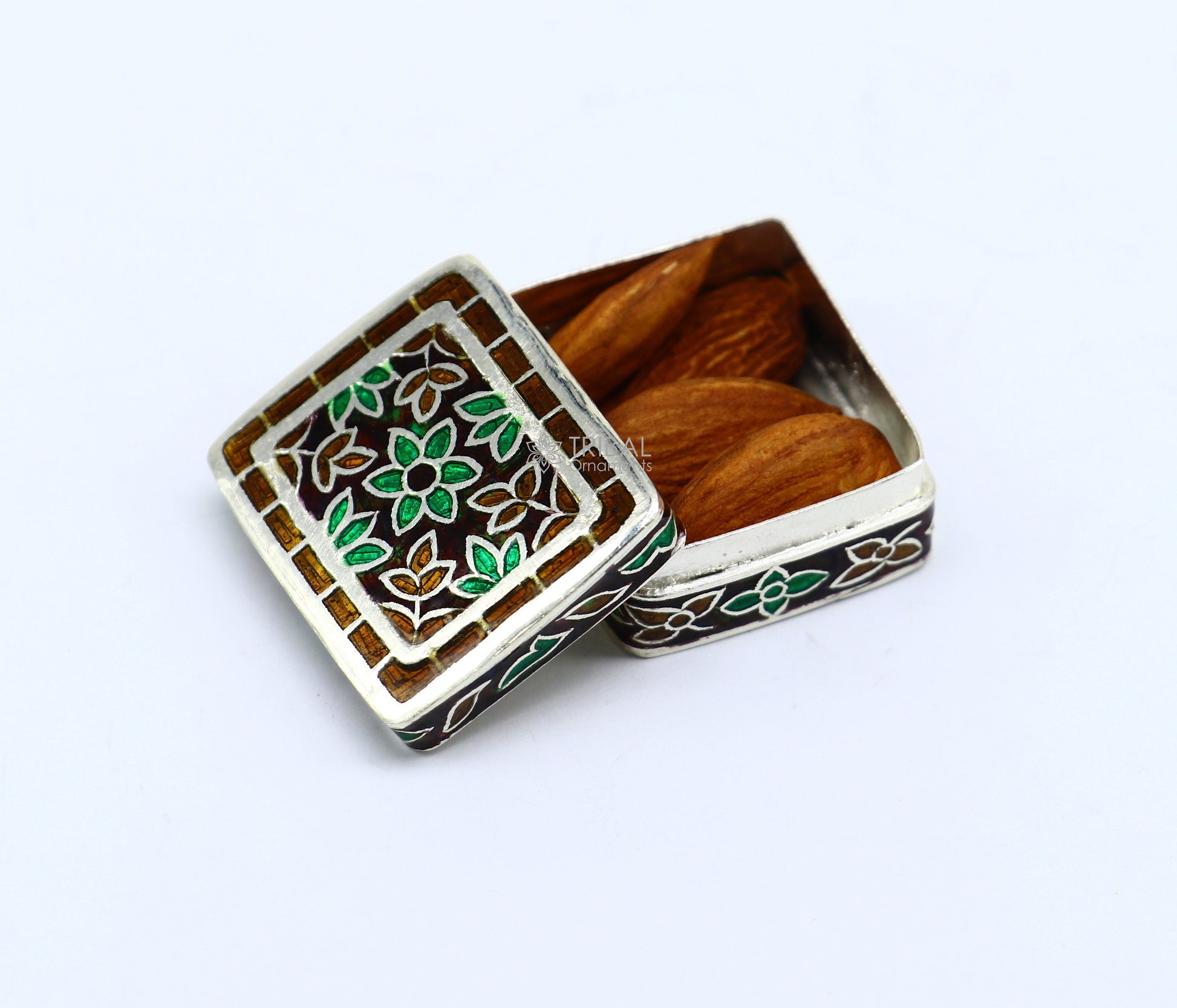 Trendy cultural style 925 sterling silver trinket box, casket box, container, Sindoor box vintage design enamel brides jewelry stb770 - TRIBAL ORNAMENTS
