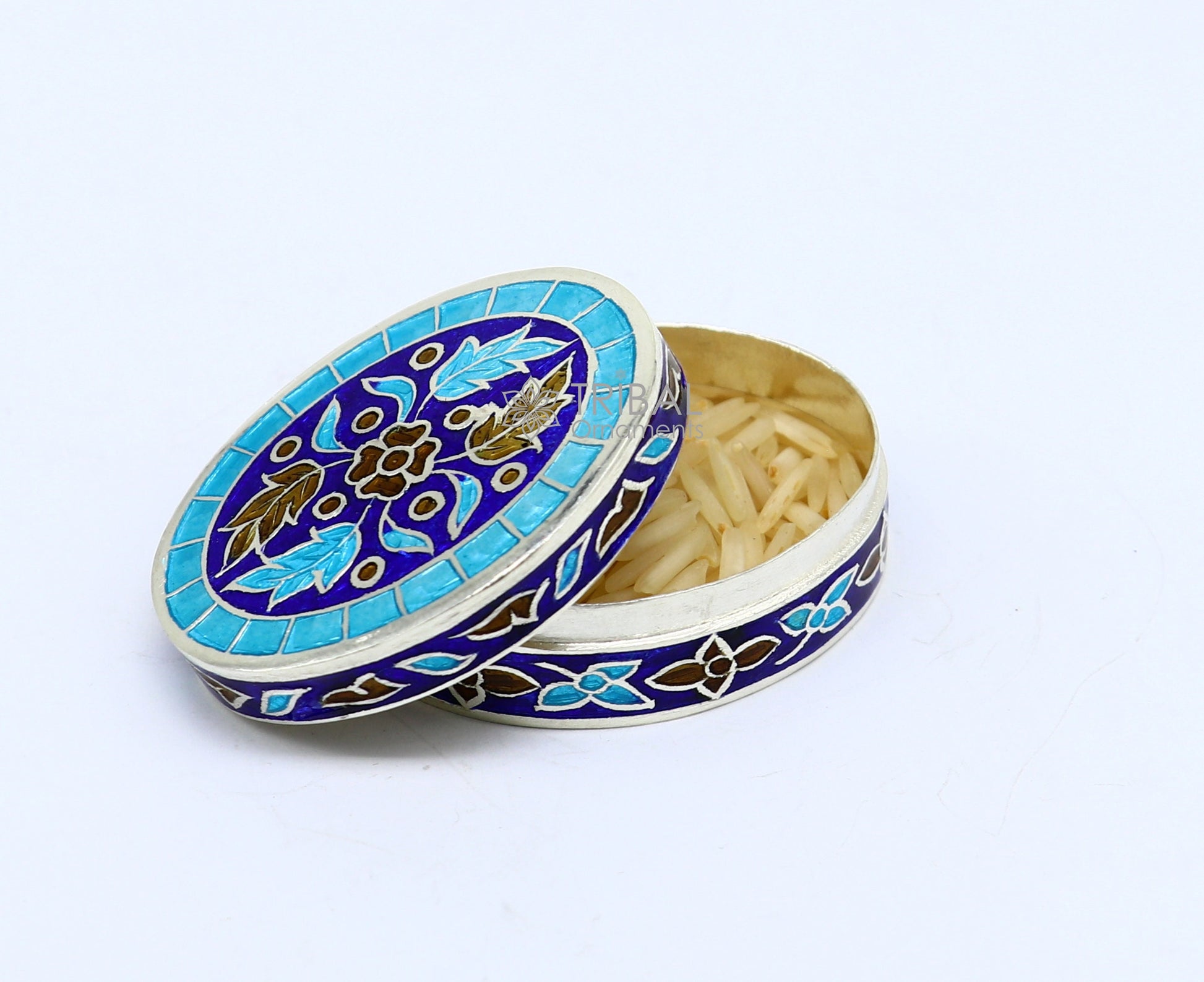 Trendy cultural style 925 sterling silver trinket box, casket box, container, Sindoor box vintage design enamel brides jewelry stb771 - TRIBAL ORNAMENTS