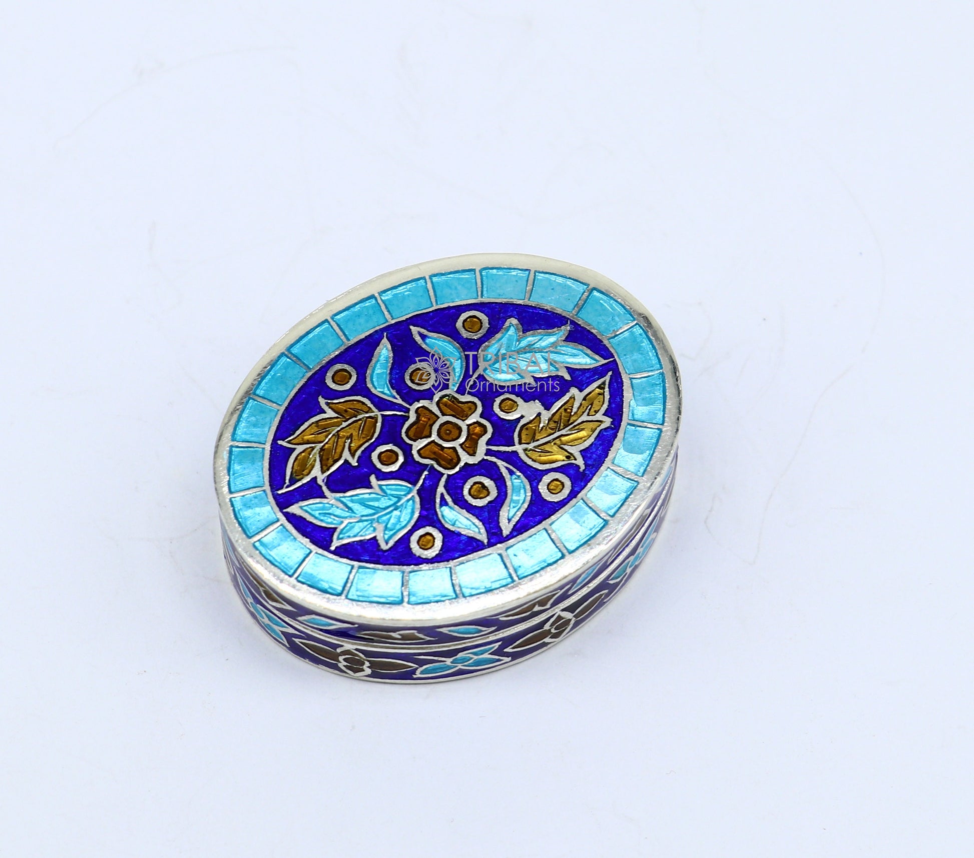 Trendy cultural style 925 sterling silver trinket box, casket box, container, Sindoor box vintage design enamel brides jewelry stb771 - TRIBAL ORNAMENTS