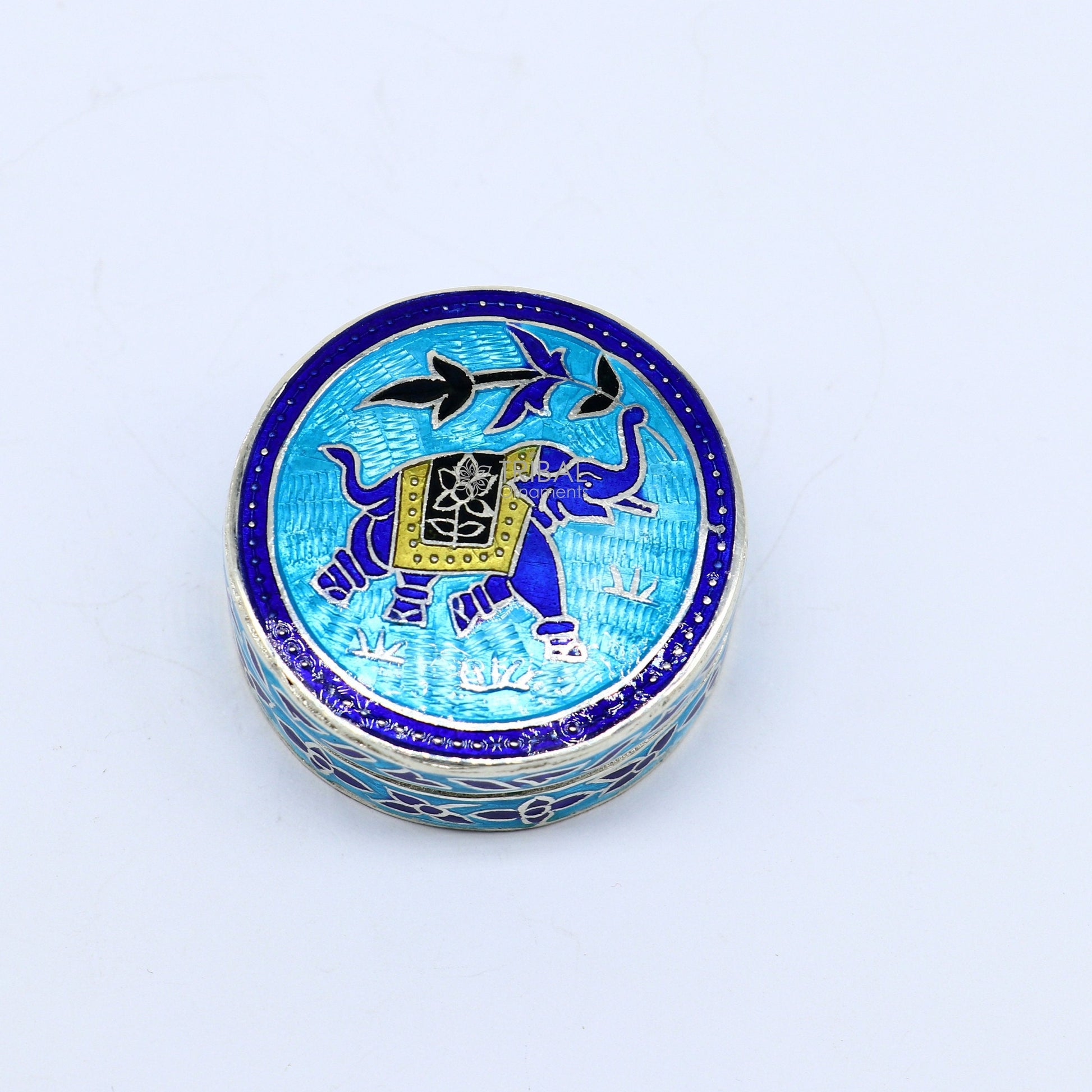 Trendy enamel work 925 sterling silver round trinket box, casket box, container, Sindoor box vintage design enamel brides jewelry stb772 - TRIBAL ORNAMENTS