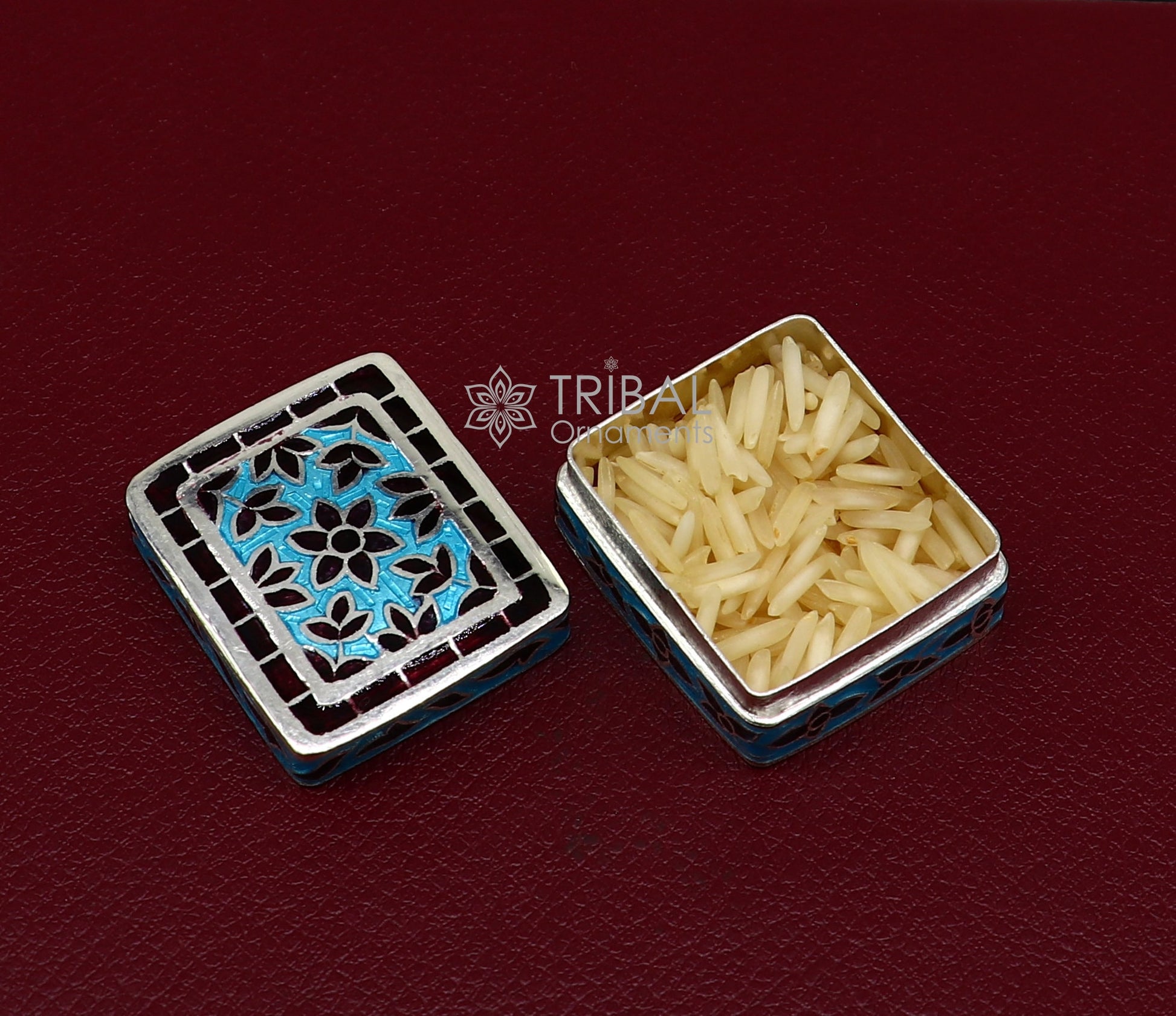 3.3 x 2.8 cm Enamel work 925 sterling silver trinket box, casket box, container, Sindoor box vintage design enamel brides jewelry stb777 - TRIBAL ORNAMENTS