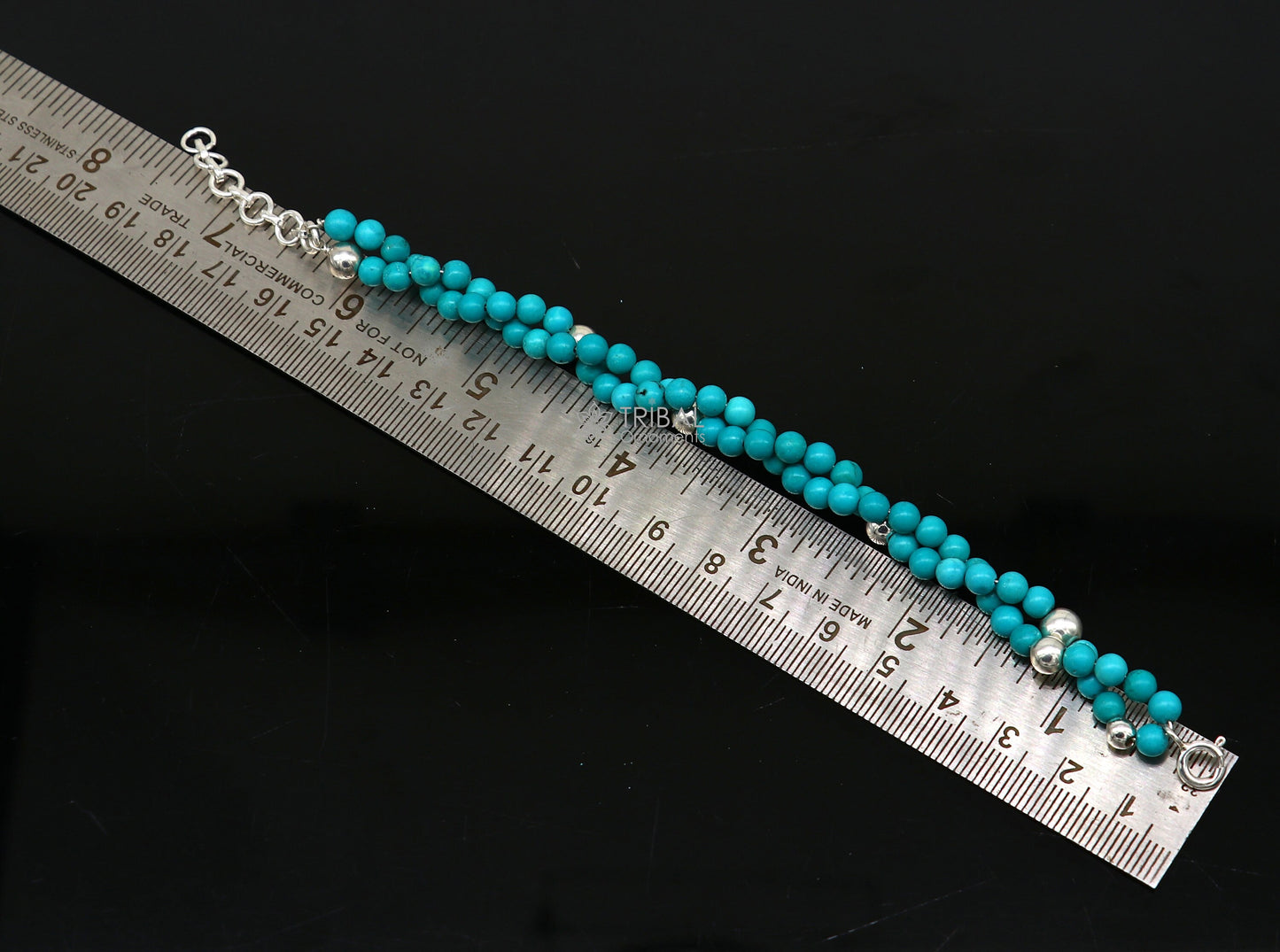 Trendy Blue turquoise stone handmade 925 sterling silver adjustable bracelet for unisex gifting stylish custom beaded/balls jewelry sbr462 - TRIBAL ORNAMENTS