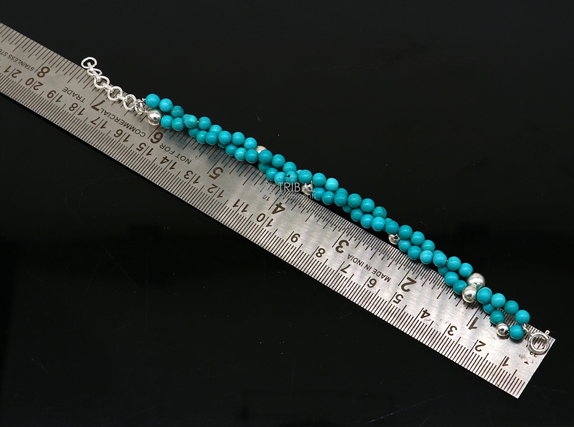 Trendy Blue turquoise stone handmade 925 sterling silver adjustable bracelet for unisex gifting stylish custom beaded/balls jewelry sbr462 - TRIBAL ORNAMENTS