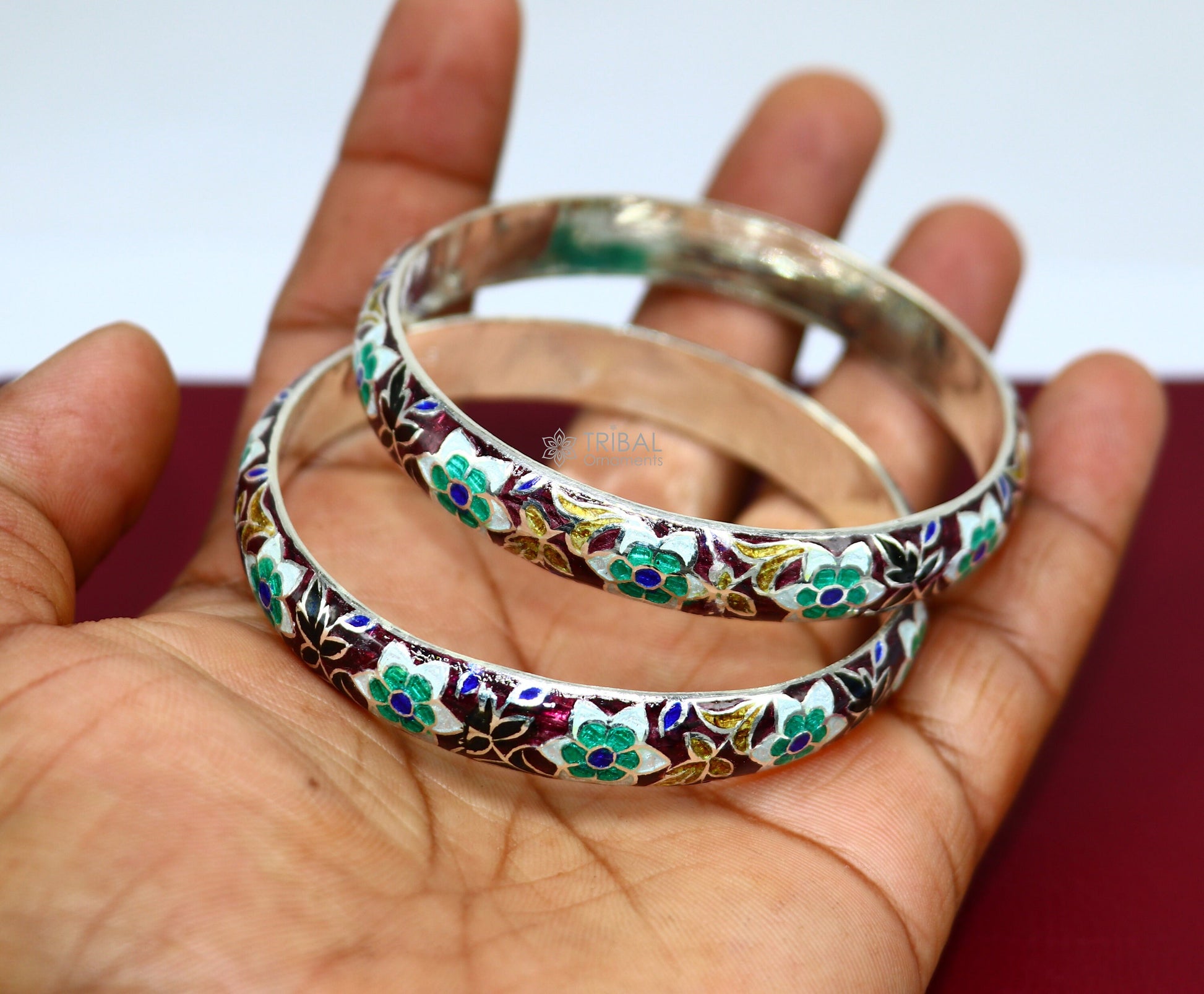 925 Sterling silver handmade amazing meenakari (color enamel )bangle bracelet vintage Cultral trendy style jewelry from india nba354 - TRIBAL ORNAMENTS