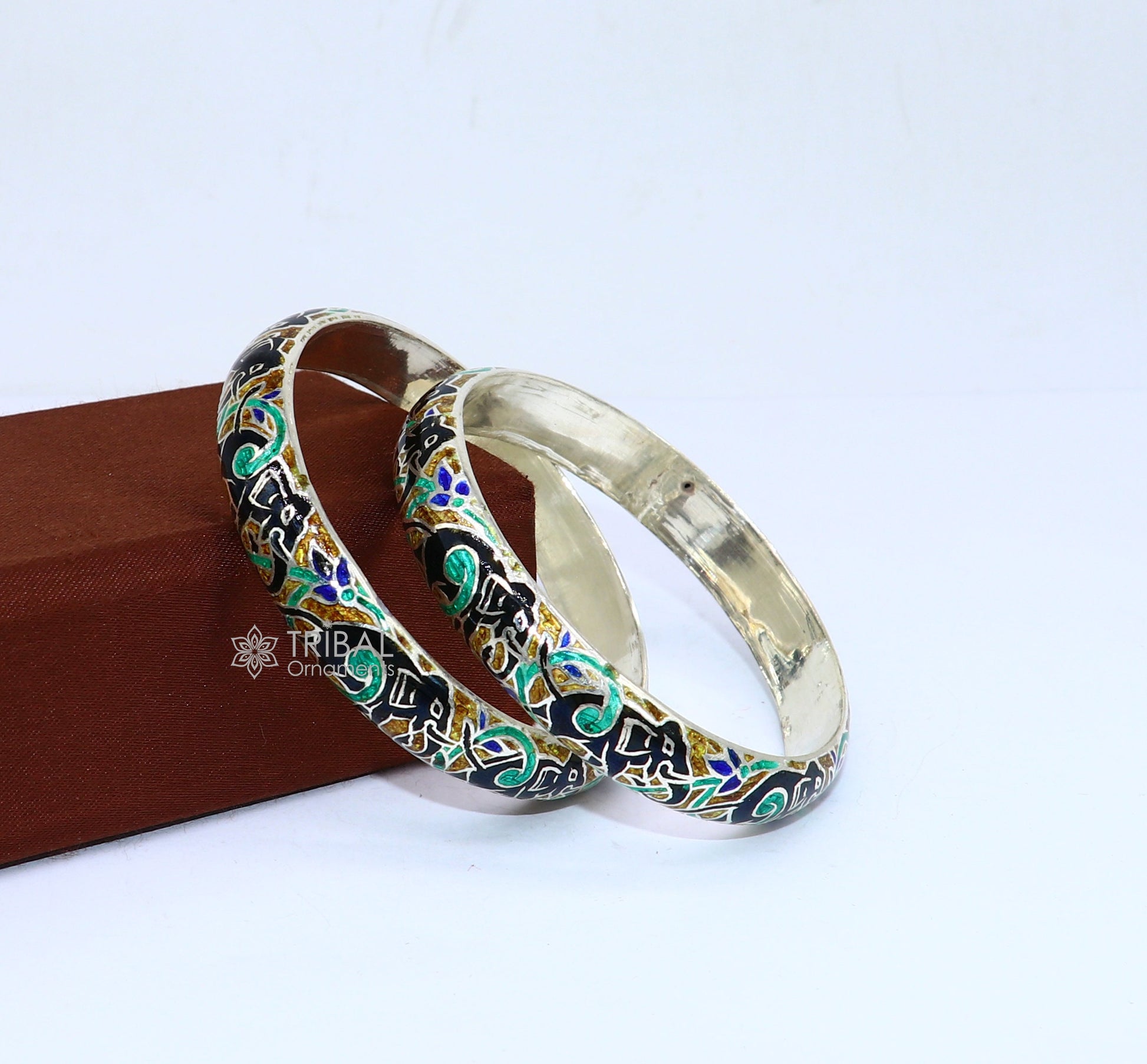 925 Sterling silver handmade amazing meenakari (color enamel )bangle bracelet elephant design Cultral trendy style jewelry from india nba355 - TRIBAL ORNAMENTS