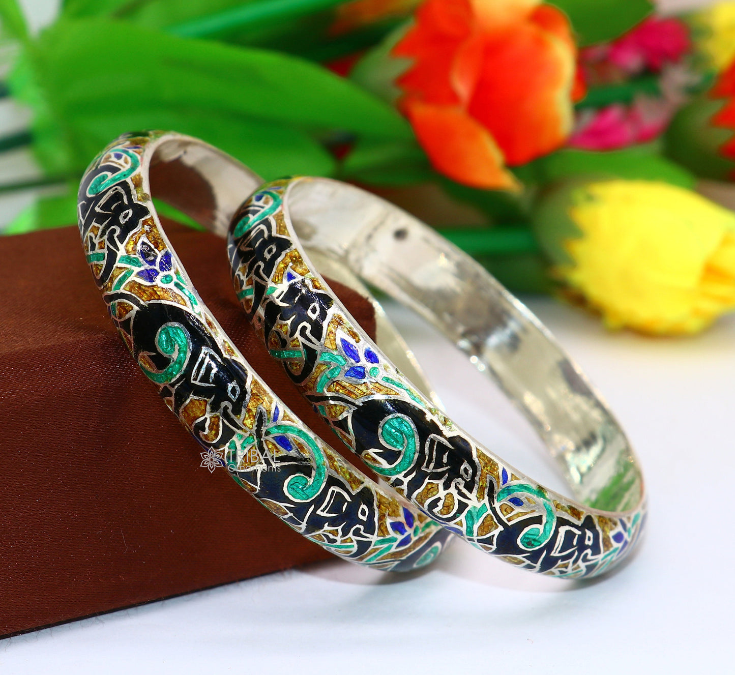 925 Sterling silver handmade amazing meenakari (color enamel )bangle bracelet elephant design Cultral trendy style jewelry from india nba355 - TRIBAL ORNAMENTS