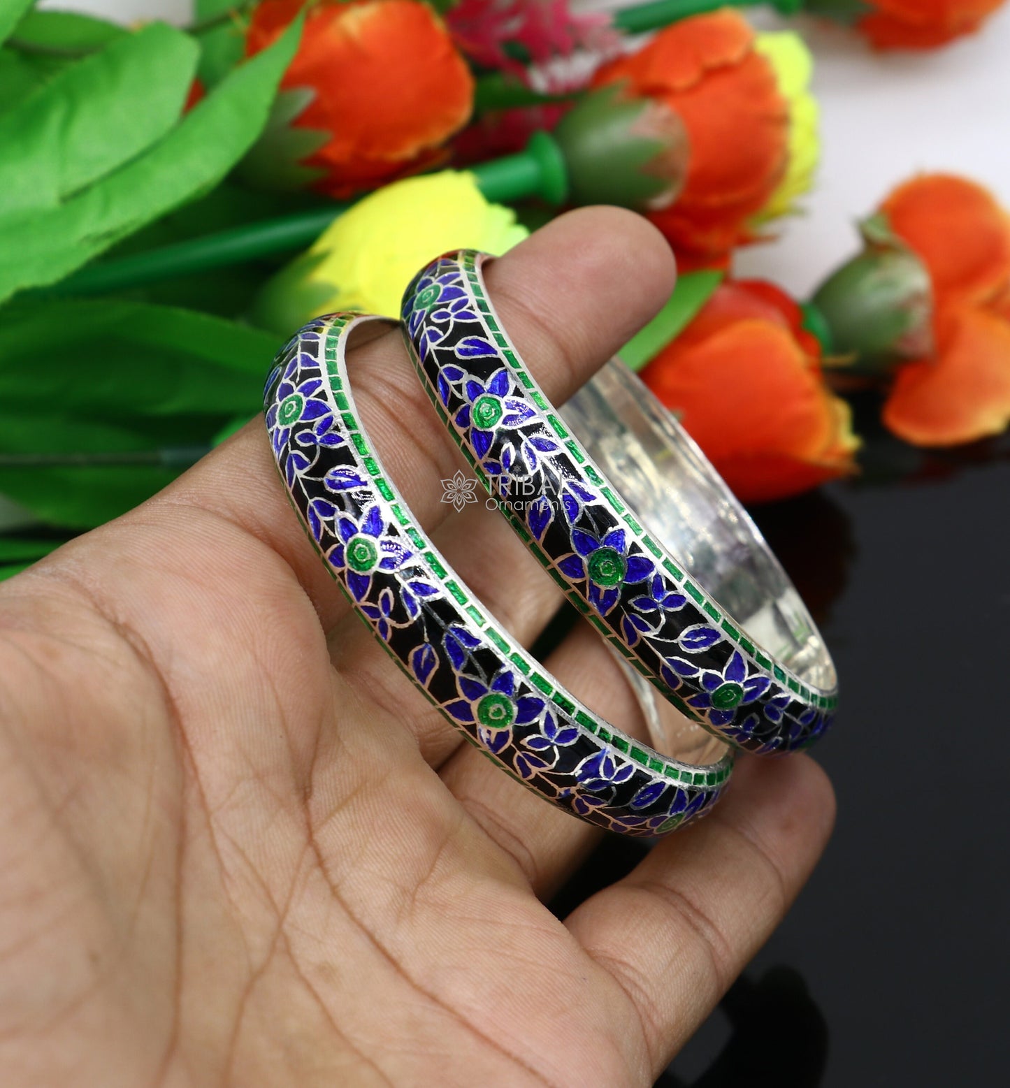 925 Sterling silver Traditional cultural design meenakari (color enamel )bangles bracelet brides trendy style jewelry from india nba361 - TRIBAL ORNAMENTS