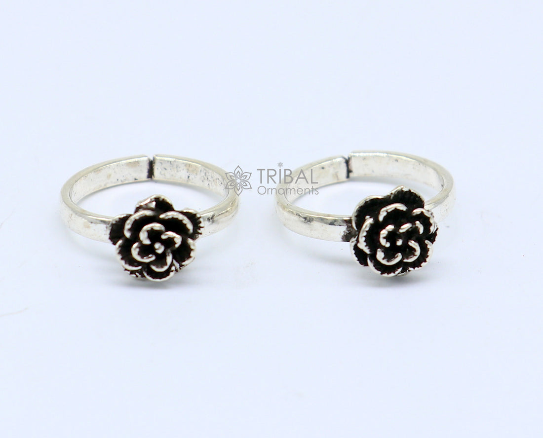 925 sterling silver adjustable size toe ring band rose flower design tribal belly dance ethnic cultural  jewelry from india ntr94 - TRIBAL ORNAMENTS