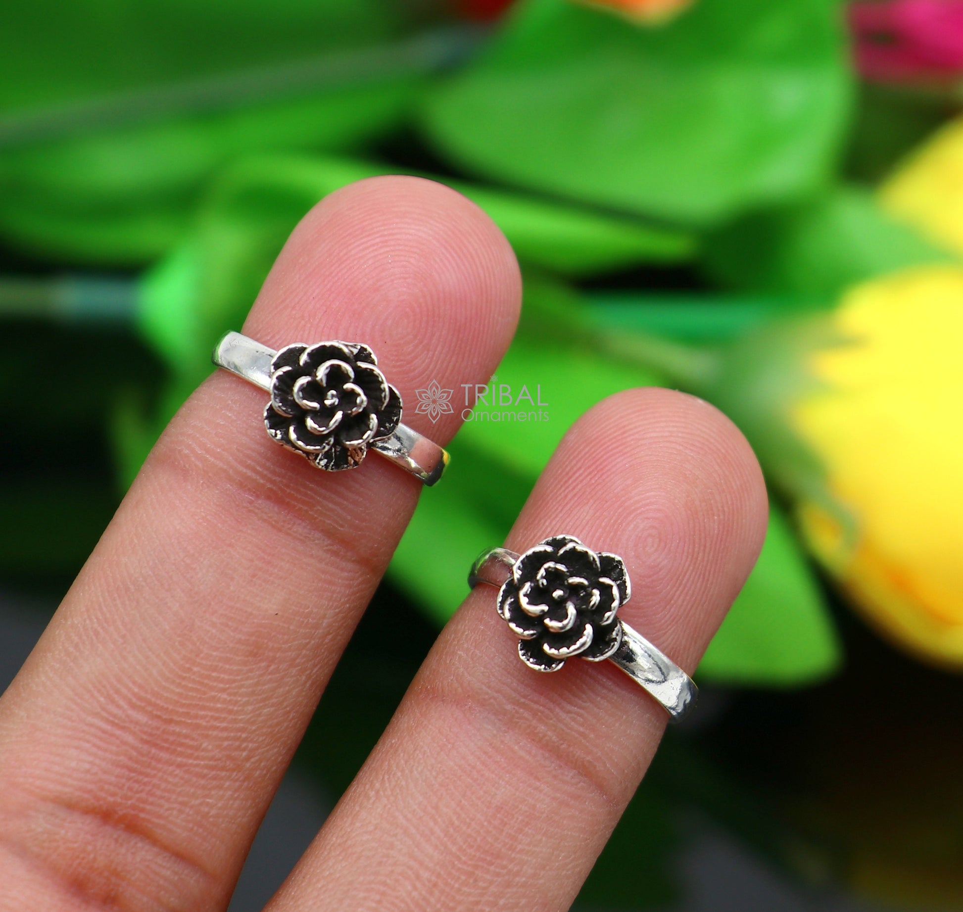 925 sterling silver adjustable size toe ring band rose flower design tribal belly dance ethnic cultural  jewelry from india ntr94 - TRIBAL ORNAMENTS