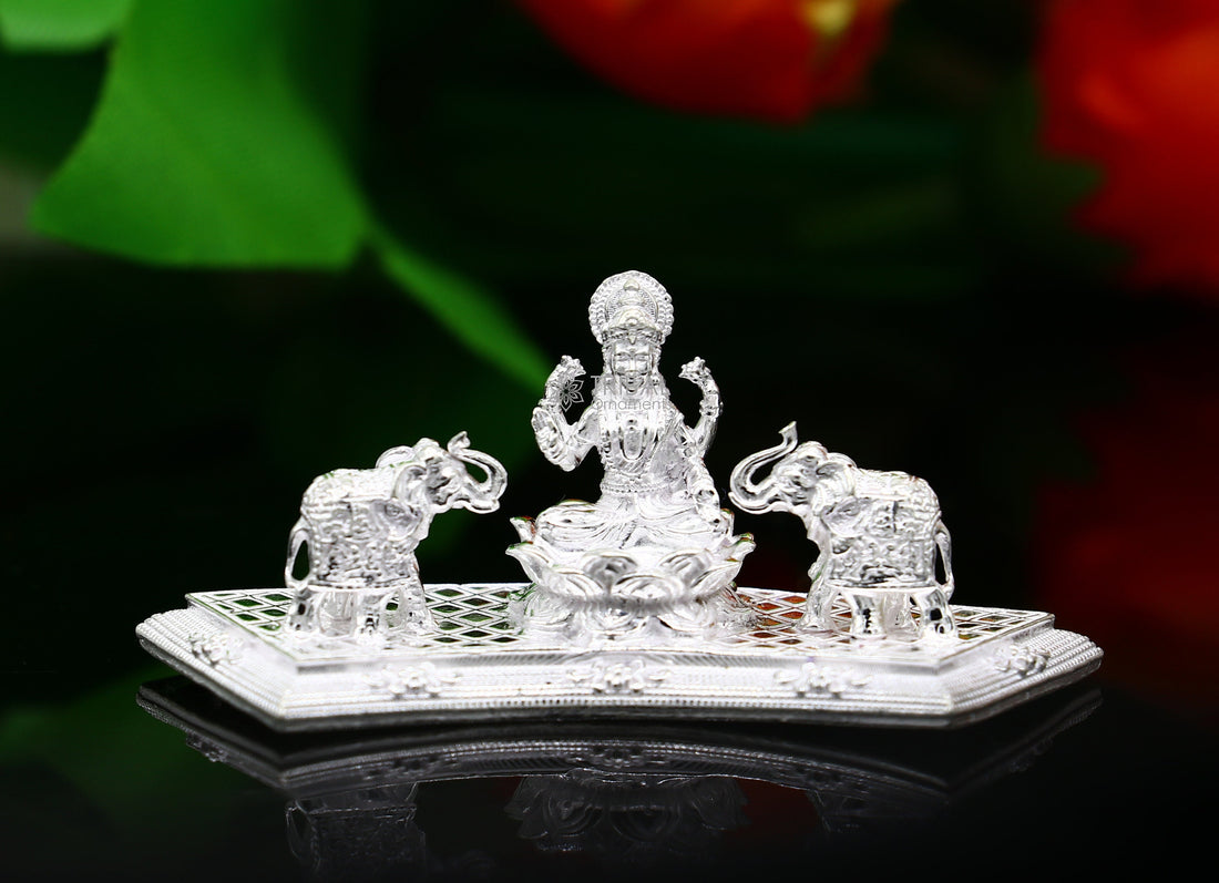 925 Sterling silver handmade Indian Idols Goddess Laxmi with elephant Statue figurine, puja articles Diwali puja gift art625 - TRIBAL ORNAMENTS