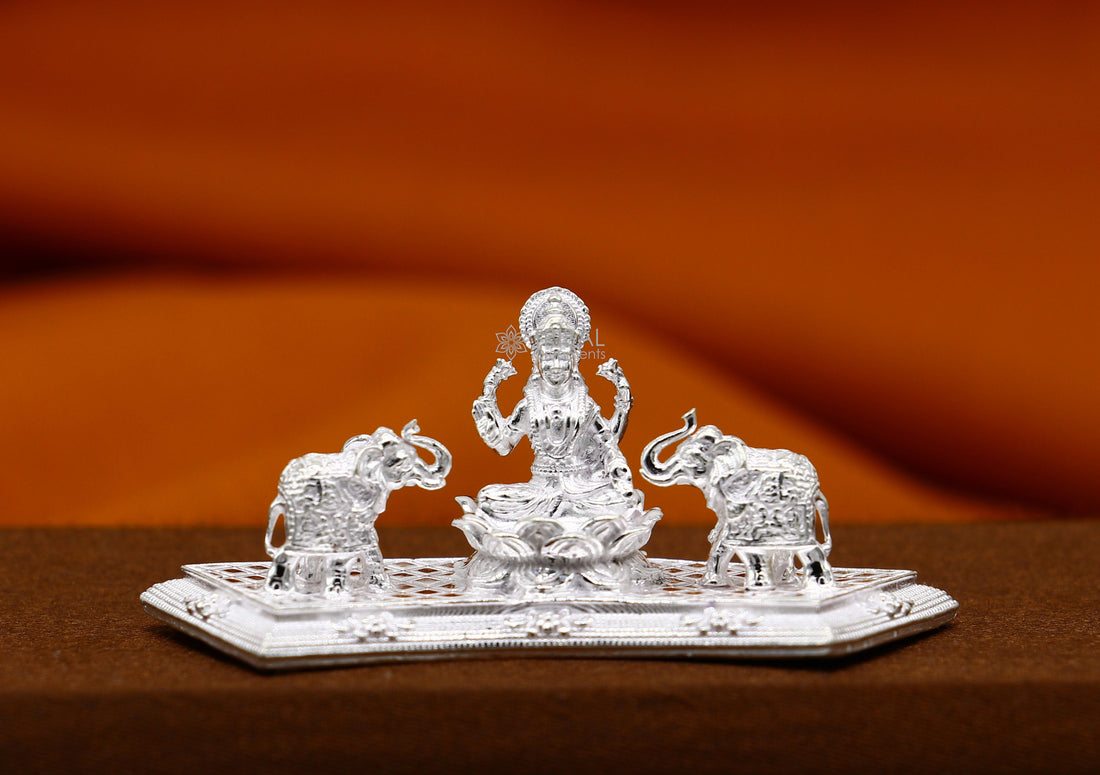 925 Sterling silver handmade Indian Idols Goddess Laxmi with elephant Statue figurine, puja articles Diwali puja gift art625 - TRIBAL ORNAMENTS