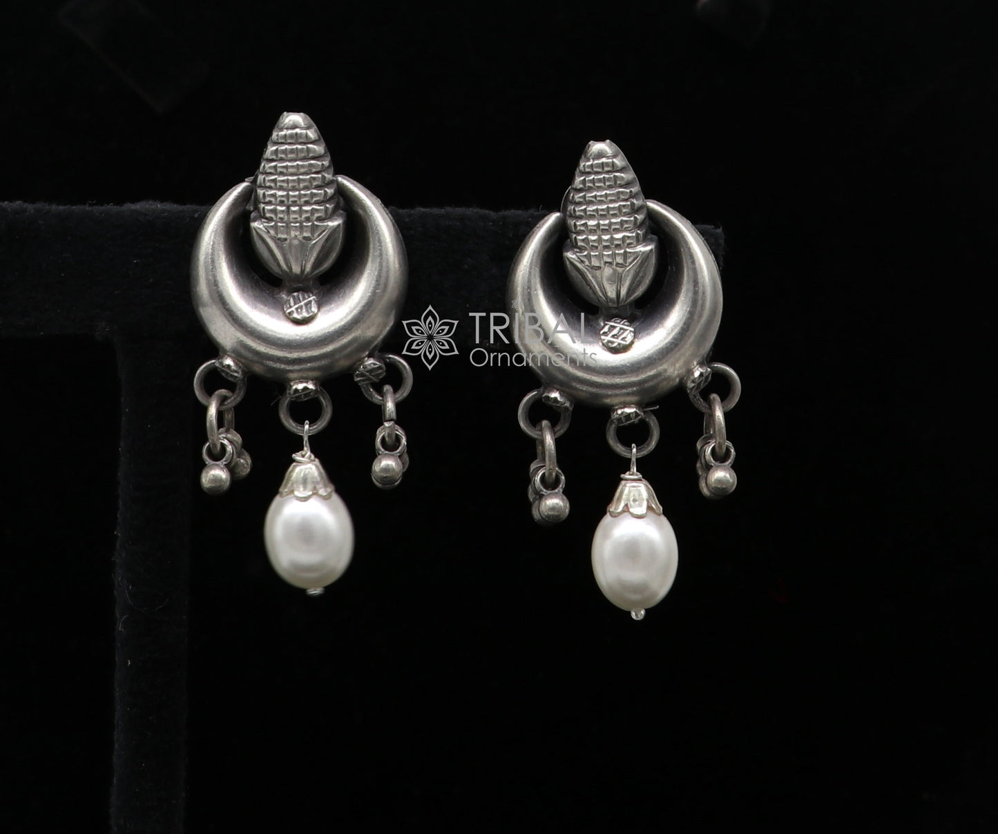 Traditional cultural trendy 925 sterling silver fabulous half moon style stud earrings with hanging pearl stud earring jewelry s1153 - TRIBAL ORNAMENTS