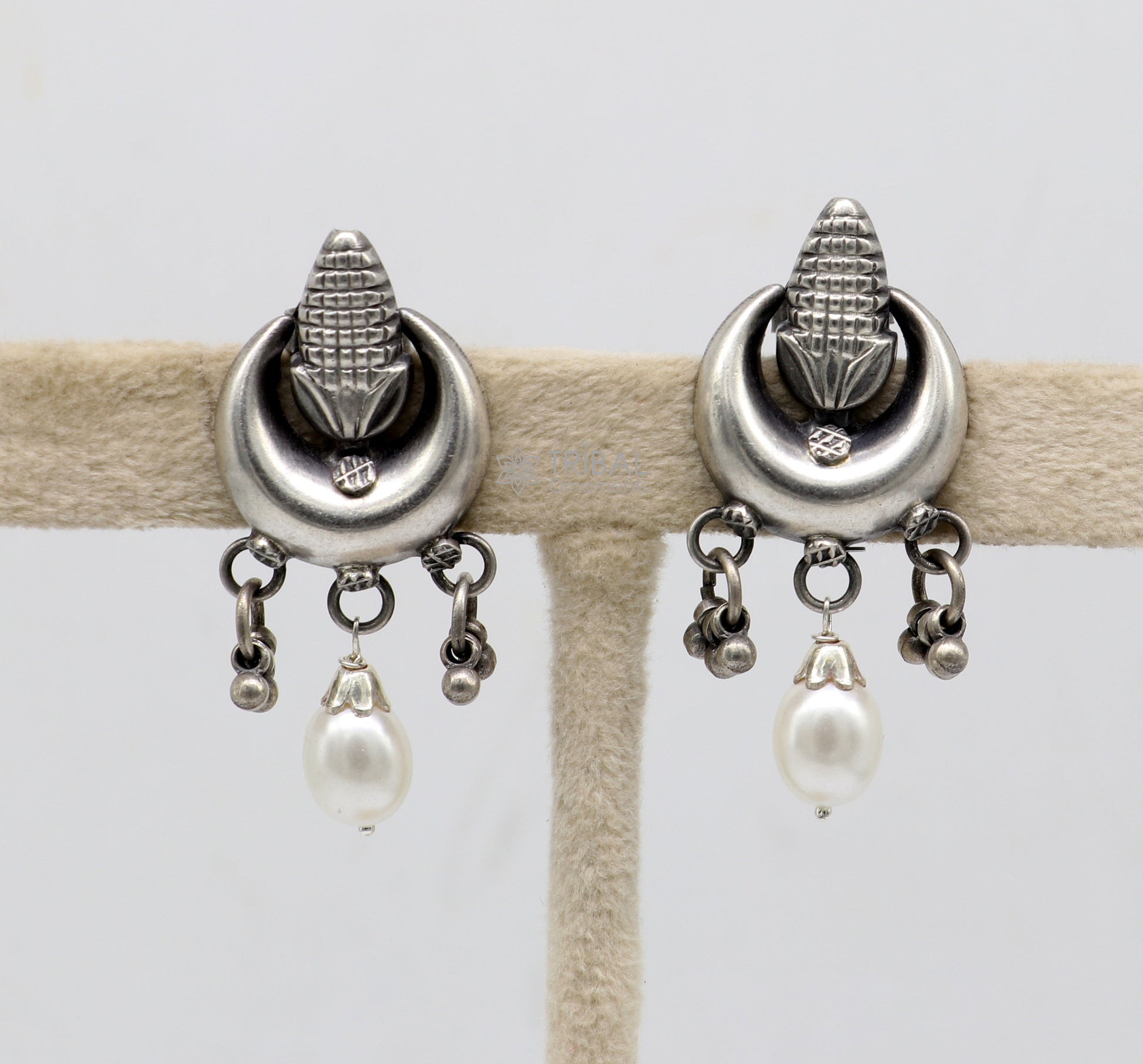 Traditional cultural trendy 925 sterling silver fabulous half moon style stud earrings with hanging pearl stud earring jewelry s1153 - TRIBAL ORNAMENTS