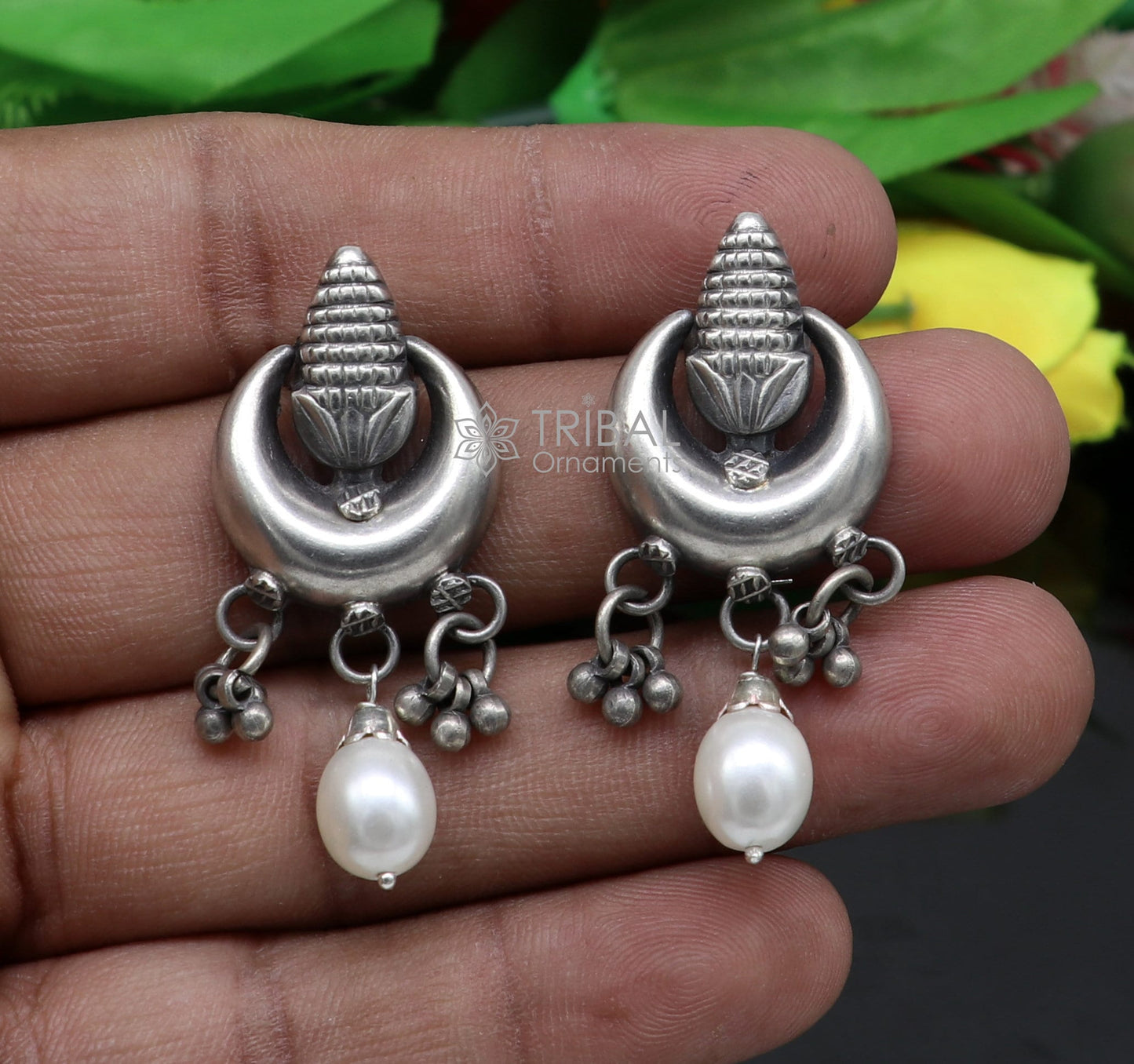 Traditional cultural trendy 925 sterling silver fabulous half moon style stud earrings with hanging pearl stud earring jewelry s1153 - TRIBAL ORNAMENTS