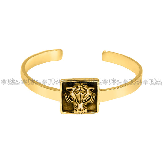 22k Yellow gold Mens Lion Gold Kada Cuff Bracelet cubic Stone