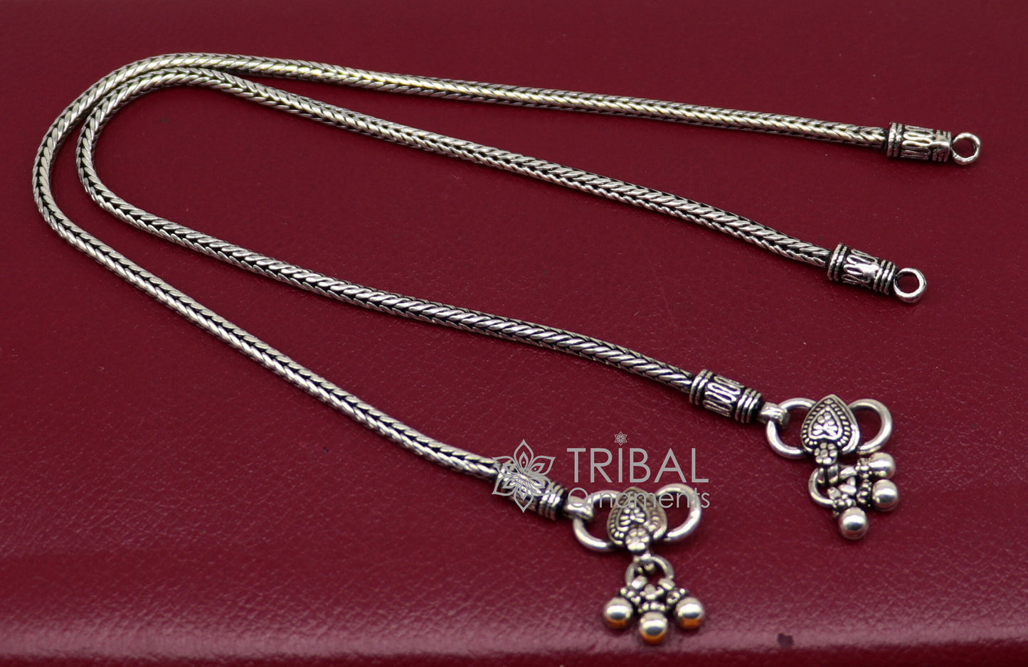 3mm 925 Sterling silver handmade wheat chain ankle bracelet, vintage oxidized charm anklets, tribal belly dance customized jewelry nank575 - TRIBAL ORNAMENTS