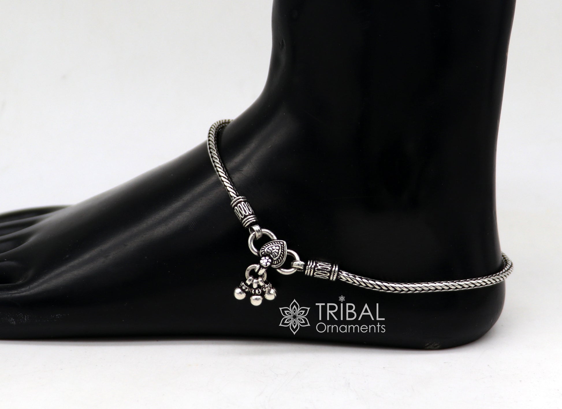 3mm 925 Sterling silver handmade wheat chain ankle bracelet, vintage oxidized charm anklets, tribal belly dance customized jewelry nank575 - TRIBAL ORNAMENTS