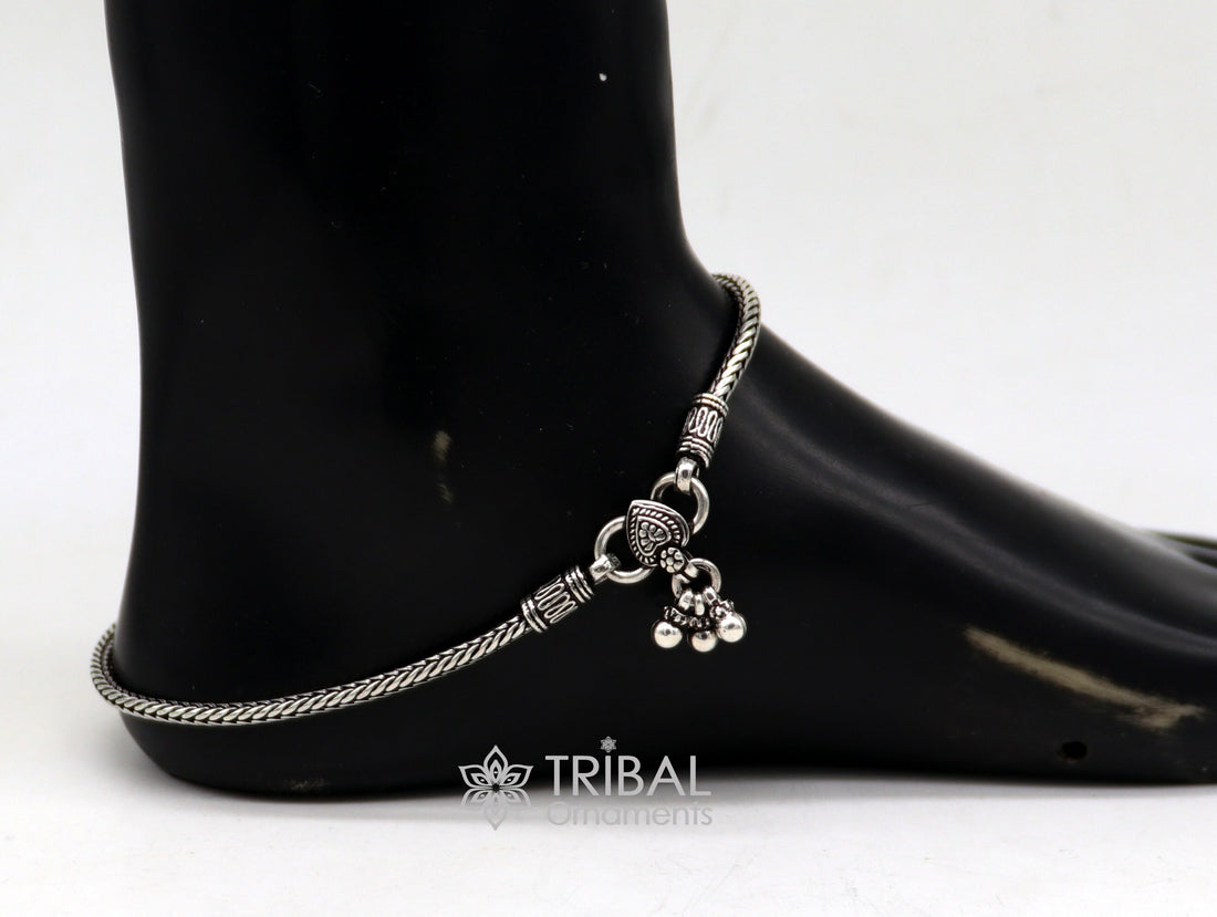 3mm 925 Sterling silver handmade wheat chain ankle bracelet, vintage oxidized charm anklets, tribal belly dance customized jewelry nank575 - TRIBAL ORNAMENTS