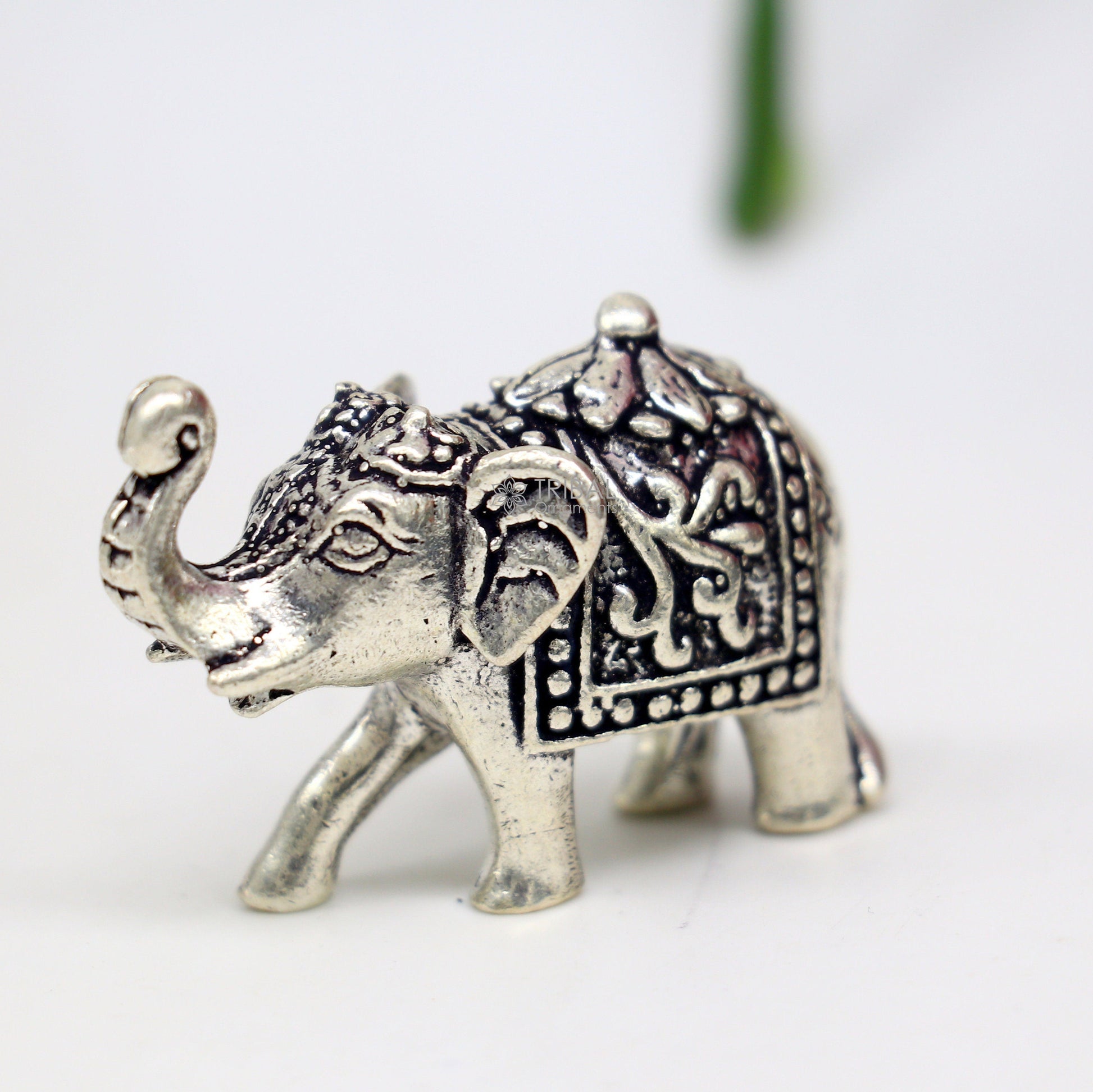 Fully solid 925 Sterling silver Kandrai work Nakshi design Elephant statue, puja article figurine for wealth and prosperity art606 - TRIBAL ORNAMENTS