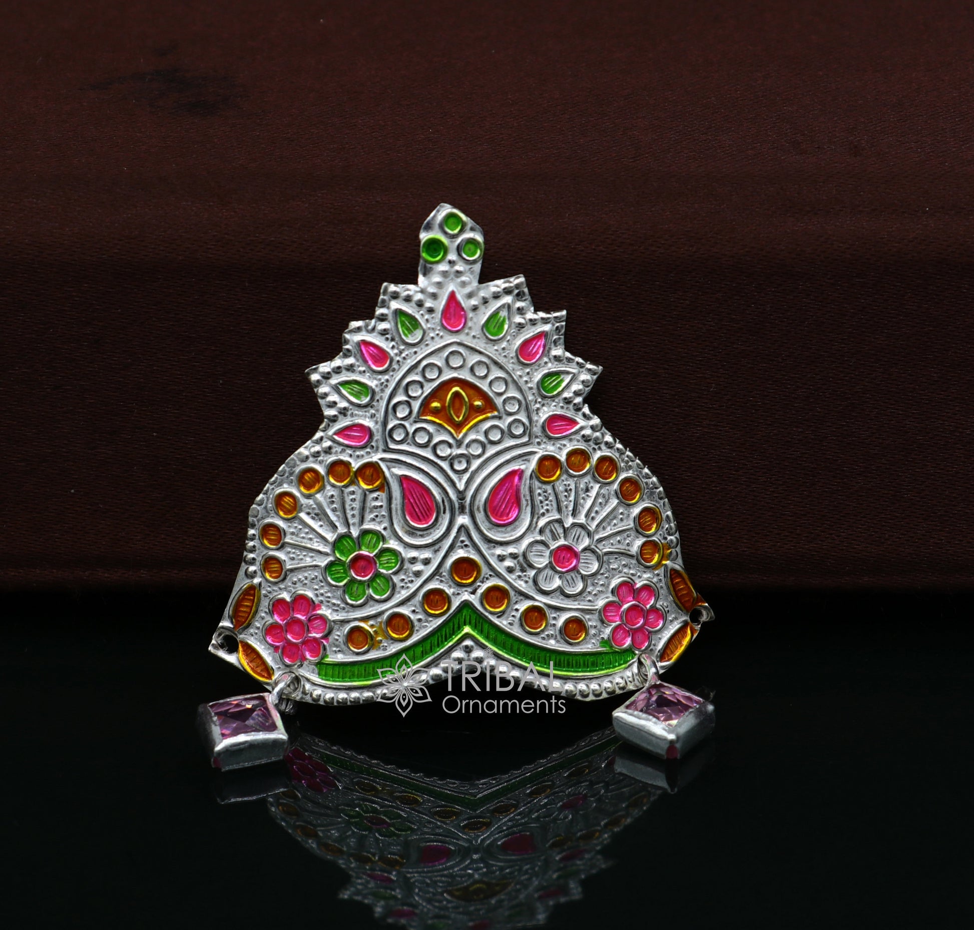925 sterling silver vintage antique design mukut (crown), amazing handmade enamel design silver god crown home temple god hat su1045 - TRIBAL ORNAMENTS