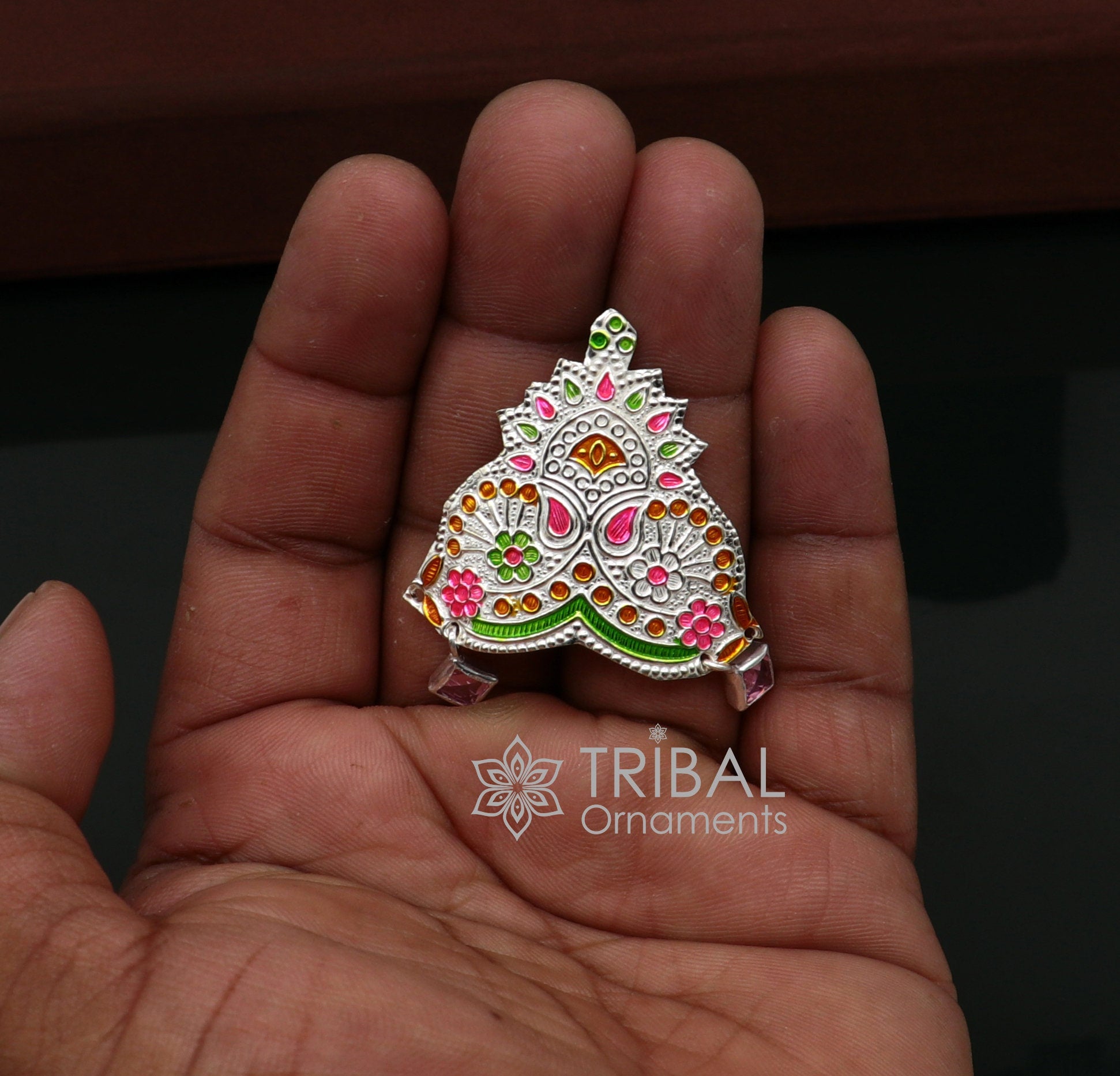 925 sterling silver vintage antique design mukut (crown), amazing handmade enamel design silver god crown home temple god hat su1045 - TRIBAL ORNAMENTS