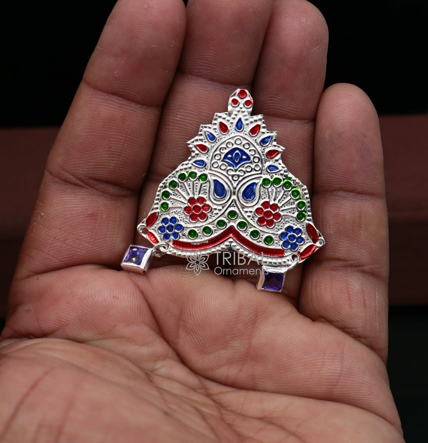 925 sterling silver vintage antique design mukut (crown), amazing handmade enamel design silver god crown home temple god hat su1046 - TRIBAL ORNAMENTS