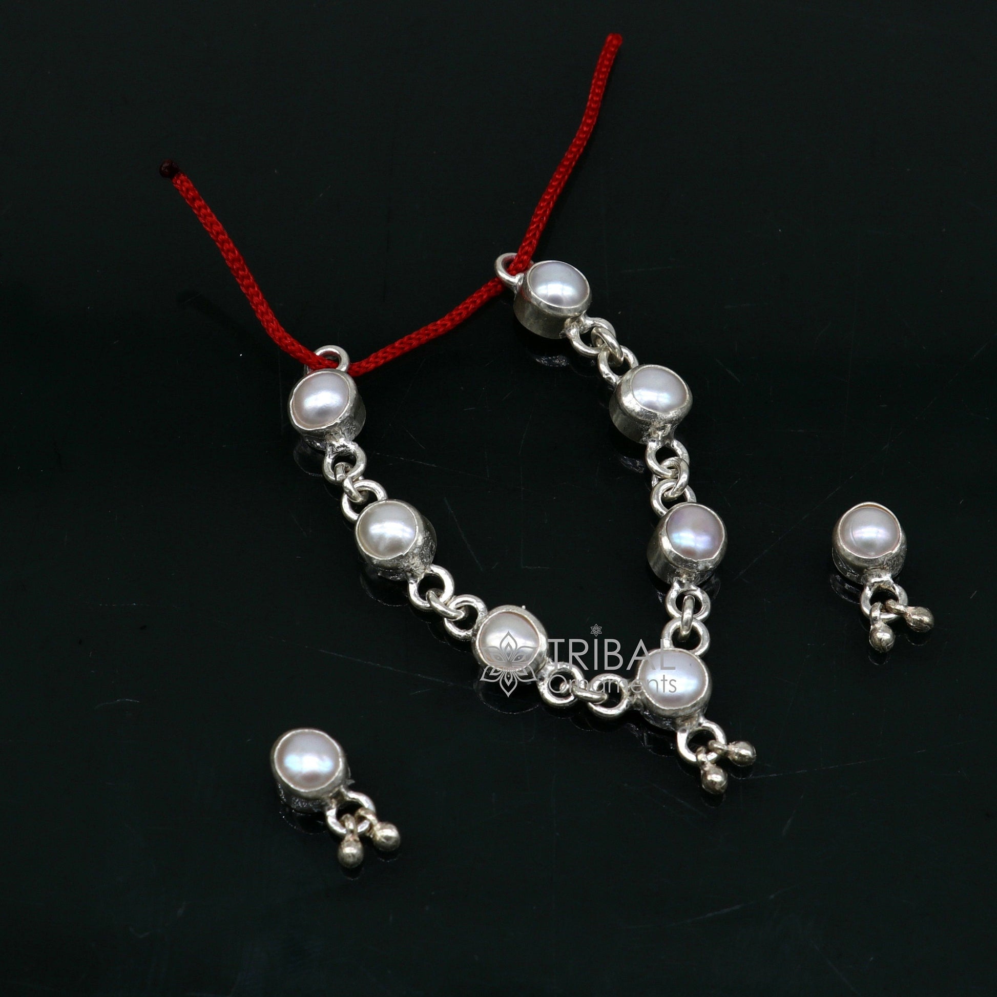925 sterling silver Single line pearl chain necklace set for Lord Krishna Laddu Gopala, silver handmade little Krishna jewelry set587 - TRIBAL ORNAMENTS
