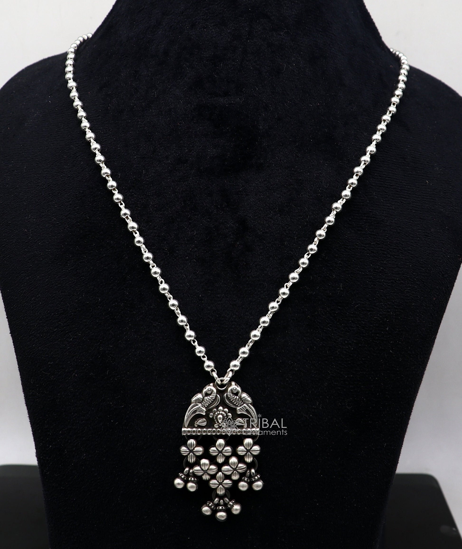 925 sterling silver handmade vintage beaded chain necklace amazing peacock pendant with hanging drops, ethnic tribal long set jewelry set589 - TRIBAL ORNAMENTS