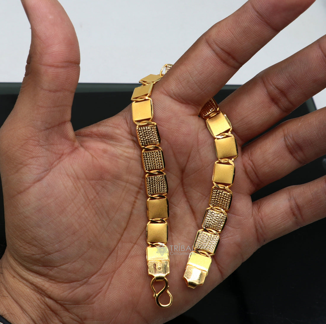 Hallmarked 22kt yellow gold handmade solid gold bar Royal nawabi Chain or Bracelet fabulous diamond cut design men's jewelry gbr42 - TRIBAL ORNAMENTS