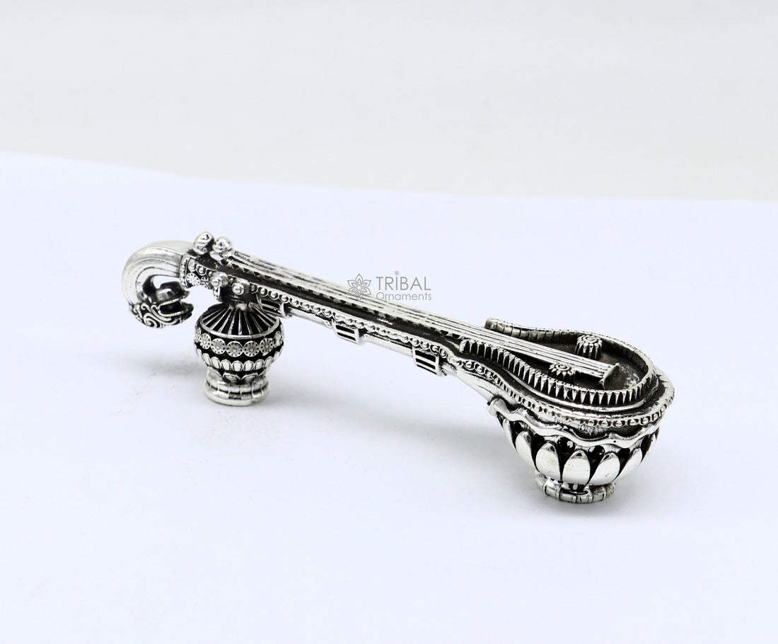 4.5" Maa Saraswati Veena, 925 sterling silver musical instrument Veena for Goddess Sharda, best gifting puja article for Hindu temple art622 - TRIBAL ORNAMENTS