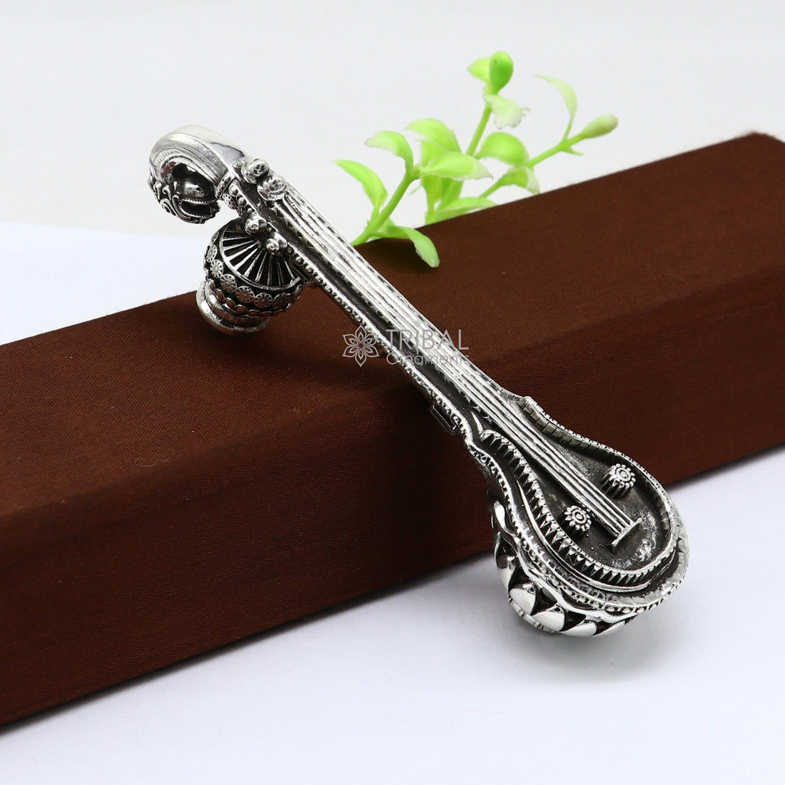 4.5" Maa Saraswati Veena, 925 sterling silver musical instrument Veena for Goddess Sharda, best gifting puja article for Hindu temple art622 - TRIBAL ORNAMENTS