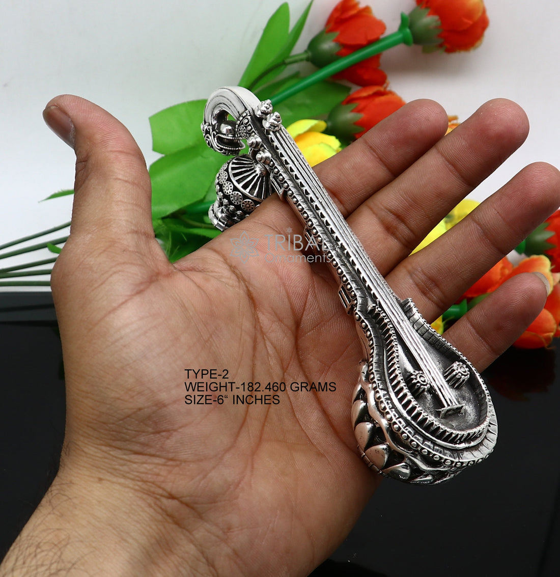 5"OR 6" Maa Saraswati Veena, 925 sterling silver musical instrument Veena for Goddess Sharda, best gifting puja article, Worshipping  art623 - TRIBAL ORNAMENTS