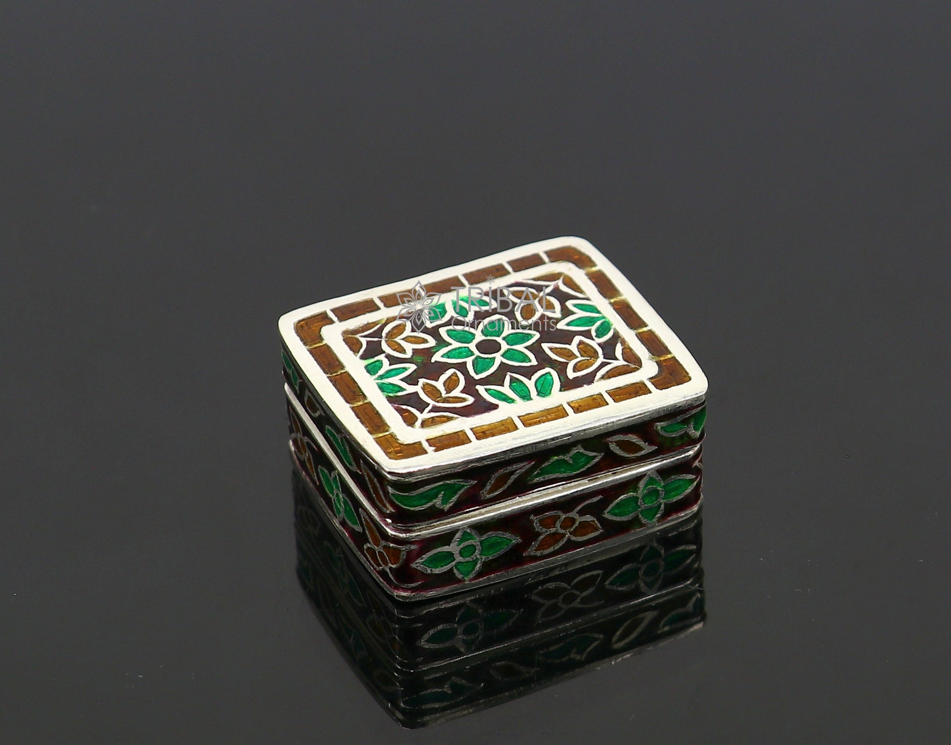 Trendy cultural style 925 sterling silver trinket box, casket box, container, Sindoor box vintage design enamel brides jewelry stb770 - TRIBAL ORNAMENTS