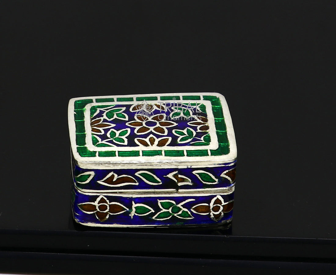 Handmade Enamel work 925 sterling silver trinket box, casket box, container, Sindoor box vintage design enamel brides jewelry stb776 - TRIBAL ORNAMENTS